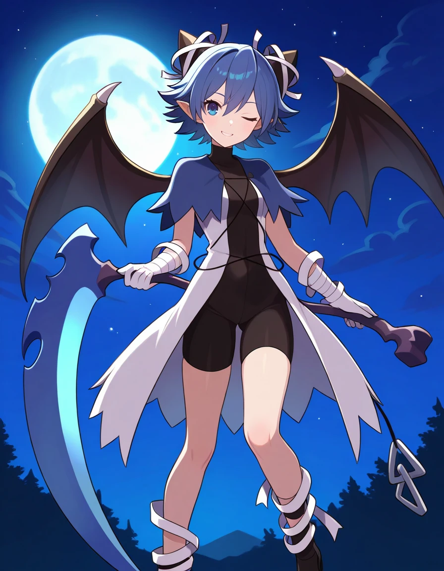 <lora:DHERivieraserene_SDXL_illustrious_fp16_ver01:1>,DHERivieraserene, 1girl, blue hair, short hair, horns, blue eyes, pointy ears, bat wings, blue capelet, dress, turtleneck, gloves, bike shorts, , bandages, string accessories,black footwear, smile,one eye closed, scythe, night sky, moon, masterpiece, best quality, very aesthetic, absurdres,<lora:detailed_hands:1>,hand