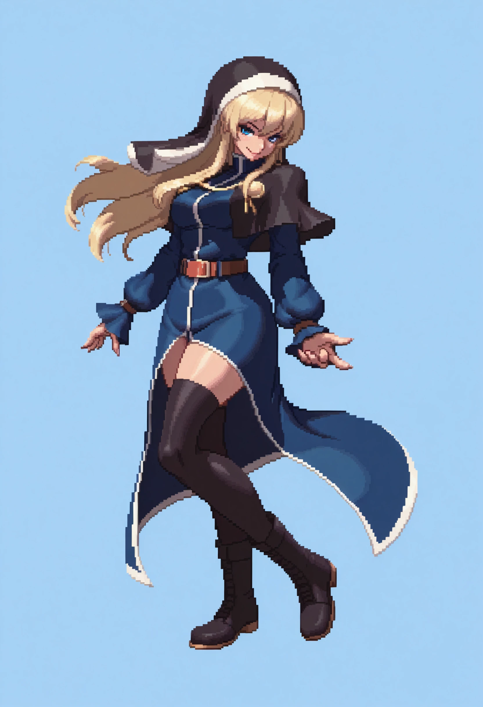 masterpiece, best quality, 1girl, smile, solo, looking at viewer, <lora:KOF-XIII-SpritesV2-illus_Fp:1>, full body, simple background, pixel art, <lora:Goeniko-illus_Fp-000009:1>, g0eniko, blonde hair, blue eyes, long hair, habit, blue dress, collared dress, black capelet, black thighhighs, belt, boots,