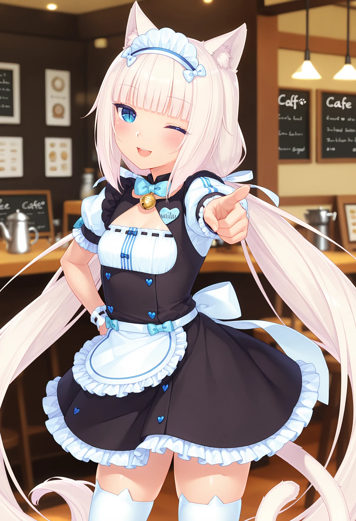 anime screencap, masterpiece, best quality,
<lora:Nekopara_Vanilla_IlluXL:0.9>,
1girl, solo, open mouth, smile, blush, one eye closed,
low twintails, white hair, blunt bangs, blue eyes, slit pupils, animal ears, cat tail, white tail,
VanillaMaid, hair bow, blue bow, white headdress, blue bowtie, hair ribbon, white ribbon,
ribbon-trimmed dress, frilled dress, black dress, neck bell, cleavage cutout, puffy short sleeves, name tag,
frilled wrist cuffs, wrist cuffs, frilled apron, waist apron, white apron,
white thighhighs, cat ear legwear,
pointing at viewer, hand on own hip, standing, looking at viewer, cowboy shot,
cafe, indoors, blurry background