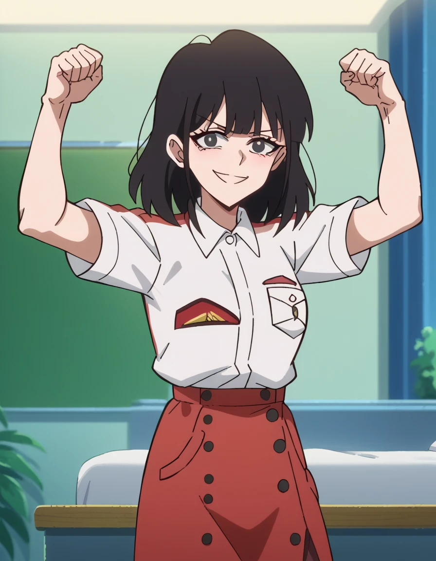 score_9, score_8_up, score_7_up, source_anime, <lora:ling-qiao-s2-ponyxl-lora-nochekaiser:1>, ling qiao, bangs, black hair, medium hair, black eyes, mature female, medium breasts, anime screencap, skirt, shirt, white shirt, short sleeves, collared shirt, red skirt, pocket, long skirt, shirt tucked in, breast pocket,, hotel room, bed, desk, mini fridge, room service, smile, <lora:colombia-pose-ponyxl-lora-nochekaiser:1> colombia pose, colombia pose (meme), meme, raised fists, victory pose, arms up, smile, smug,, blush, cowboy shot,, looking at viewer, solo,, cowboy shot, solo