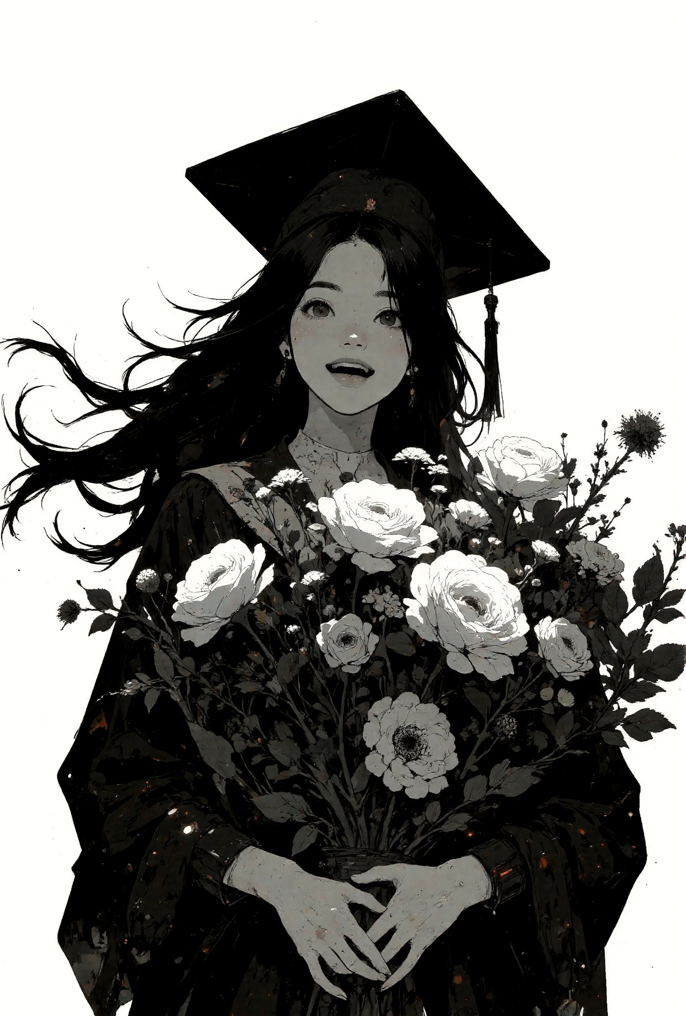 A high-contrast black-and-white anime-style illustration of a Glamour woman with white skin. The woman is depicted wearing a traditional academic cap and gown, holding a large bouquet of flowers in her arms. Her long, slightly wavy hair flows gently, with loose strands framing her cheerful and radiant face. She is smiling brightly, conveying a sense of joy and accomplishment.
The bouquet features roses and other flowers, intricately detailed to highlight their natural texture. The background is minimalist, with a plain white space that draws attention to the central figure. The composition captures the celebratory and uplifting mood of the scene, using bold contrasts of light and shadow to emphasize the dramatic and emotional atmosphere.
<lora:Anime v1.3:1.2> <lora:Blue_Future:0.9> <lora:Ethereal_Brush_Anime_v1.0:0.6> <lora:It's a LoRA for portraits, BUT! actually specialized in backgrounds. v1.0:0.2> <lora:Dark_and_sentimental:0.7>