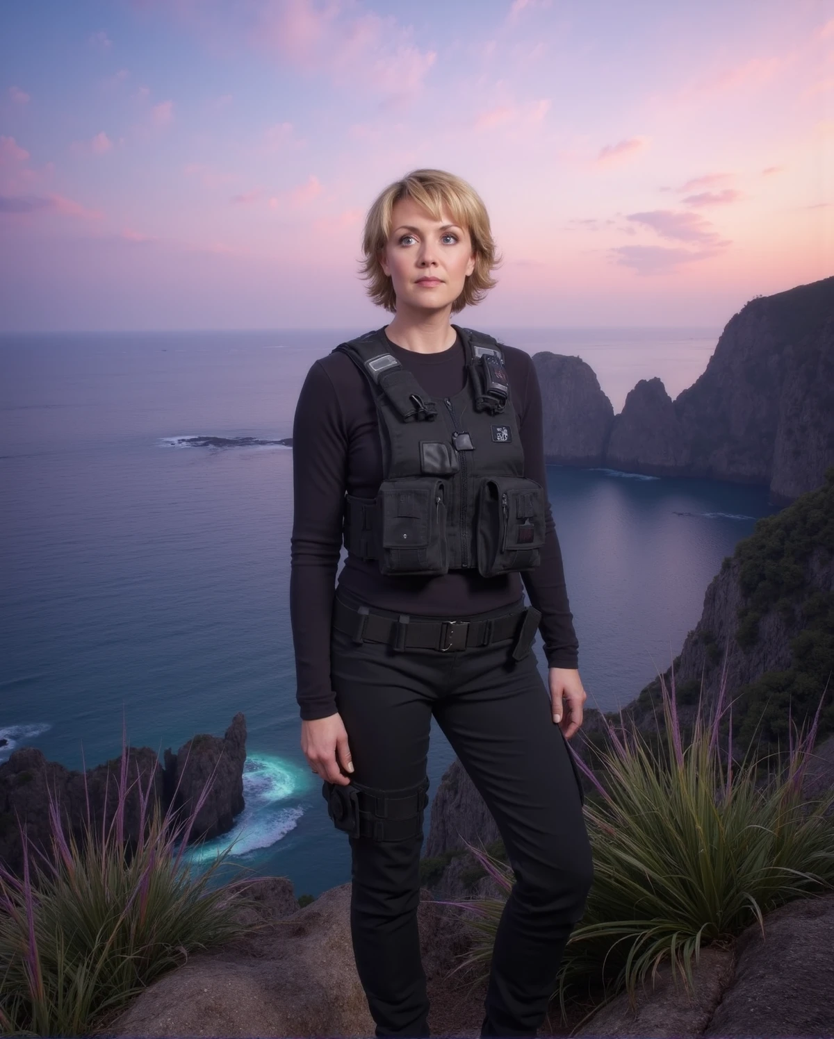 A dramatic close-up of amandatapping as Samantha Carter, stands on the edge of a rocky cliff overlooking a vast, alien ocean. The water below glows faintly with bioluminescent colors, shifting between shades of blue, green, and purple. Jagged rock formations and strange, otherworldly plants surround her, their shapes unfamiliar and slightly eerie. Above, a twilight sky stretches wide, with streaks of pink, orange, and violet blending together as two suns set on the horizon. Samantha is dressed in futuristic tactical gear, a hint of high-tech equipment visible on her utility belt. <lora:amandatapping-v0-1:0.9> <lora:UltraRealPhoto:0.7>, closeup portrait photography, beautiful eyes, capturing emotion, personality, flattering lighting, professional, engaging, compelling composition