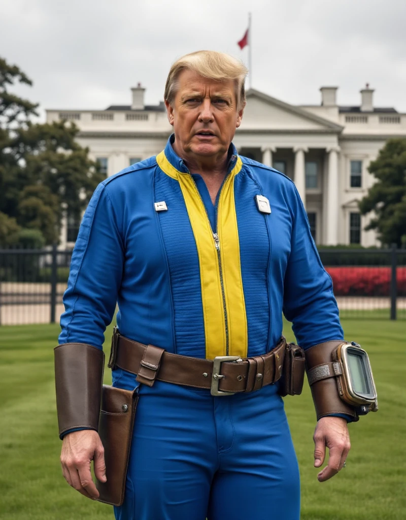 <lora:Fallout_Vault_Jumpsuit:0.9> Donald trump wears a fallout vault jumpsuit and a wrist computer. He stands in front of a post apocalypstic white house