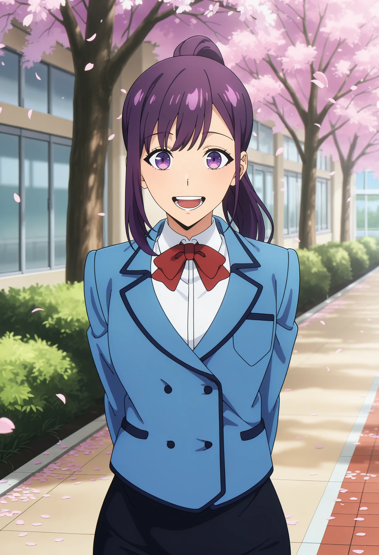 anime screencap, masterpiece, best quality,
<lora:SoloLeveling_SungJinah_IlluXL:0.9>,
1girl, solo, open mouth, smile, teeth,
purple hair, purple eyes, high ponytail,
JinahSchool, blazer, blue jacket, buttons, red bowtie, collared shirt, white shirt, pencil skirt, black skirt,
arms behind back, looking at the viewer, cowboy shot,
outdoors, school, cherry blossoms, petals