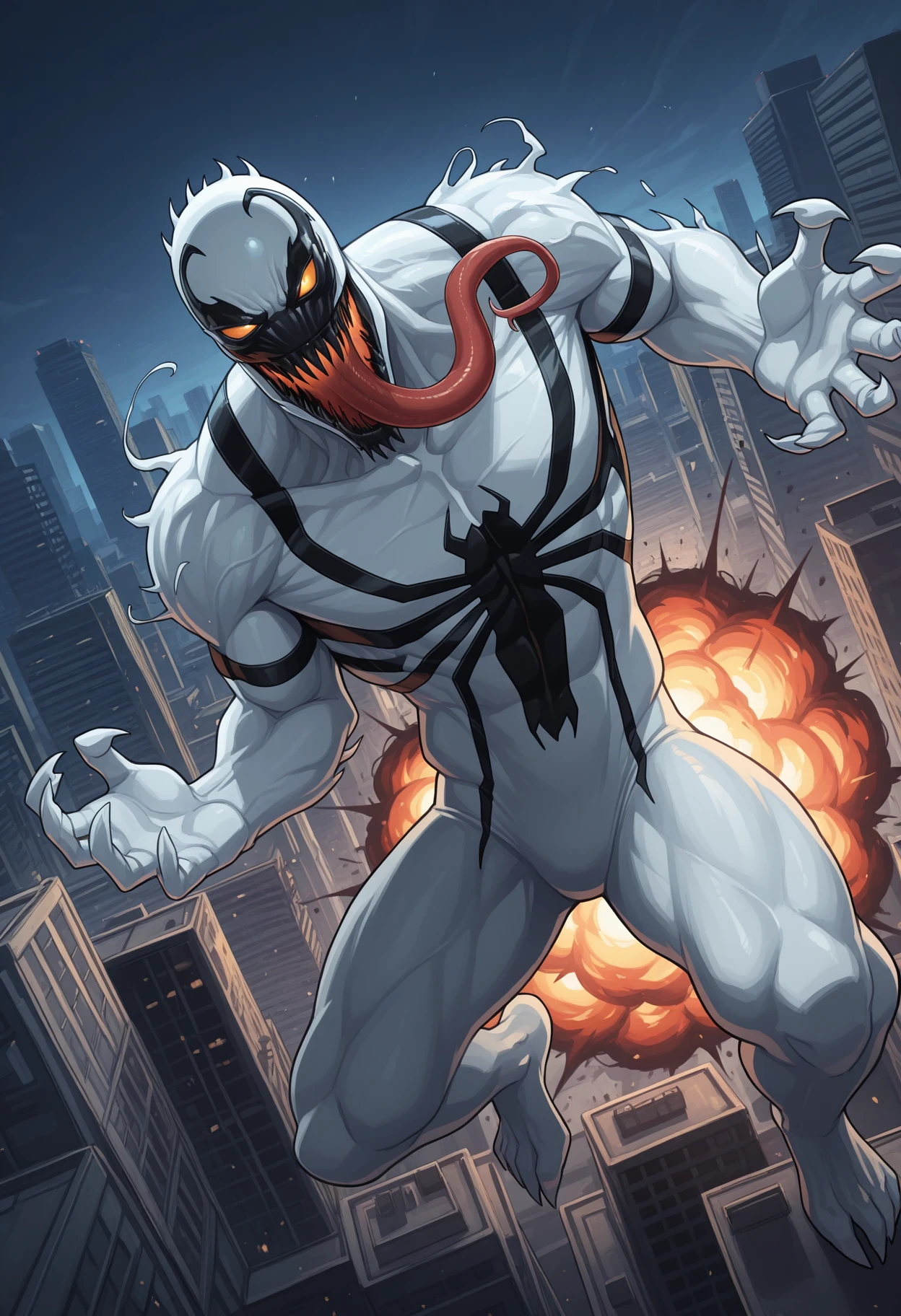 outside, city, explosion, dynamic pose, dutch angle, incoming attack, solo, anti-venom, long tongue, symbiote, monster, sharp teeth, muscular, broad shoulders, perfect anatomy, masterpiece, high quality, best quality, highres, aesthetic, <lora:NOOB_vp1_detailer_by_volnovik_v1:1> <lora:Anti-Venom_Marvel_V1_ILXL:1>