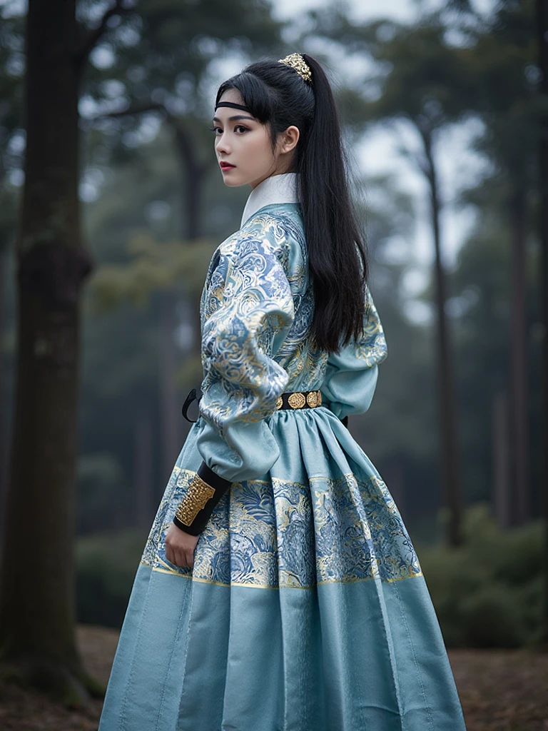 FYF, In a striking and evocative image, is depicted in an exquisite, ethereal tableau set against the backdrop of a moonlit, enchanted forest. The subject, wearing a FYF. The girl is wearinga long, light blue robe with intricate patterns and designs in shades of blue, gold, and black. She has long dark hair styled in a high bun with a gold headpiece.
Her piercing eyes are framed by thick black eyeliner, creating an air of mystery and allure. She stands alone in the center of the frame, The soft glow of the moonlight filters through the trees, casting long shadows and creating a sense of enchantment and wonder, while the emotional tone of the image is one of quiet strength and self-possession, as if she is a queen ruling over her own realm in this dreamlike forest.