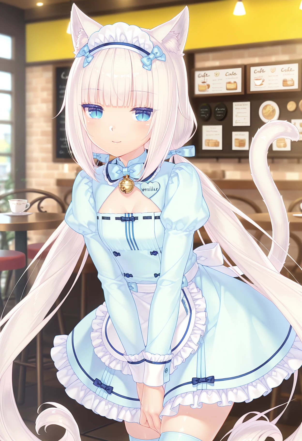 anime screencap, masterpiece, best quality,
<lora:Nekopara_Vanilla_IlluXL:0.9>,
1girl, solo, closed mouth, smile,
low twintails, white hair, blunt bangs, blue eyes, slit pupils, animal ears, cat tail, white tail,
VanillaMaidLight, hair bow, blue bow, white headdress, blue bowtie,
blue dress, ribbon-trimmed dress, frilled dress, neck bell, cleavage cutout, juliet sleeves, name tag,
waist apron, white apron, blue thighhighs,
v arms, standing, looking at viewer, cowboy shot,
cafe, indoors, blurry background