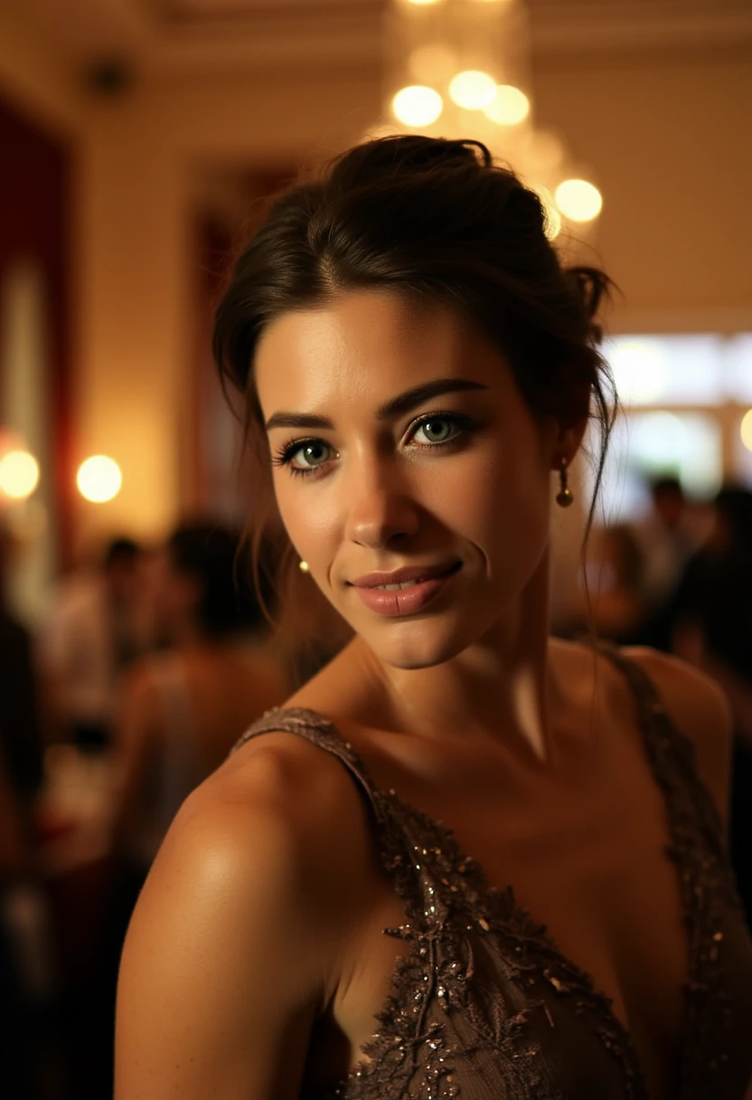 In a lavishly decorated mansion, pulsating with the vibrant energy of a lively party, a stunning beautiful woman stands confidently at the center of the room. She is captured in a portait photo, wearing an elegant dress and high shoes. Her hair, a luxurious cascade of dark brown waves styled in a sophisticated updo, features delicate sidelocks that frame her face, accentuating her striking eyes that sparkle with mischief and charm. (Pantyhose). A hint of a light smile plays on her lips, hinting at her playful spirit as she engages with the guests swirling around her, their laughter blending with the upbeat music thumping in the background.
The mansion itself is a masterpiece of architecture, with opulent chandeliers glimmering overhead and rich velvet drapes framing the tall windows, the soft fragrance of expensive perfume and sweet pastries wafting through the air. B4RB0R4S
