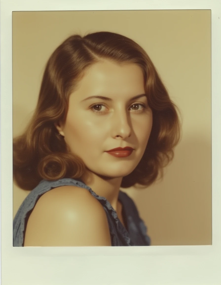 <lora:barbara-stanwyck-flux:1.1> a polaroid photo of a young woman posing for a photo in the 70s