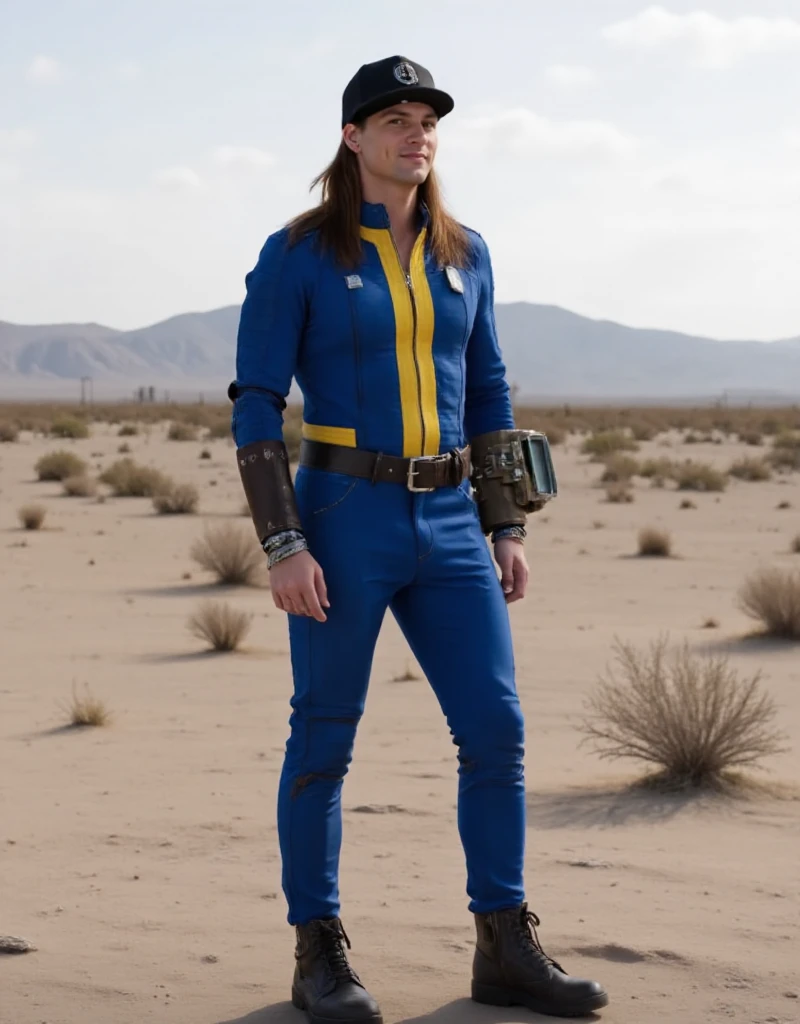 <lora:Fallout_Vault_Jumpsuit:0.9>  <lora:Scottie_P:0.7> scottie p, a man with long hair and a cap hat and jewelry and tattoo. He wears a blue and yellow fallout vault jumpsuit and a wrist computer. He stands in the desert