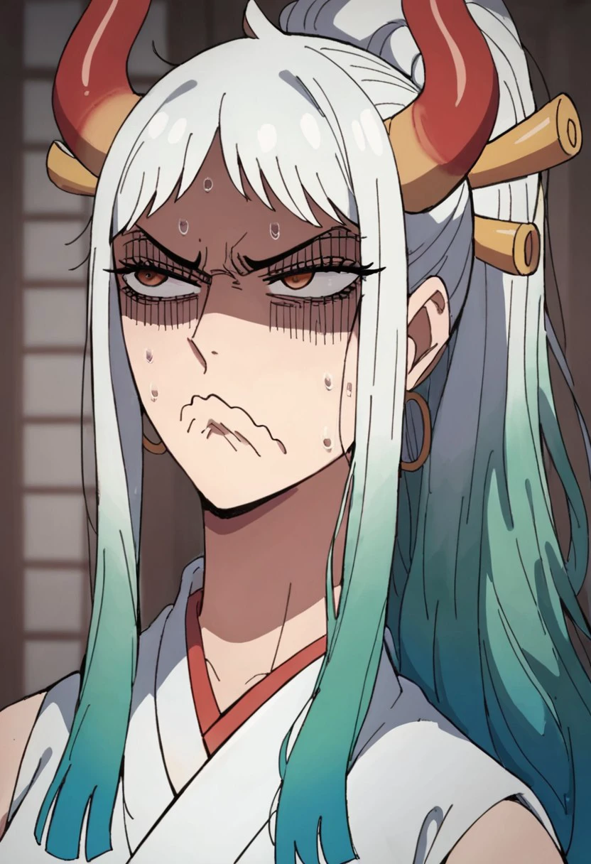 score_9, score_8_up, score_7_up, 1 girl, Yorbutthurtface, angry, annoyed, expressive, exxagerated exxpresion, frown, shaded face, wavy mouth, sweating profusuely, yamato \(one piece\), long hair,multiclored hair,oni,horn