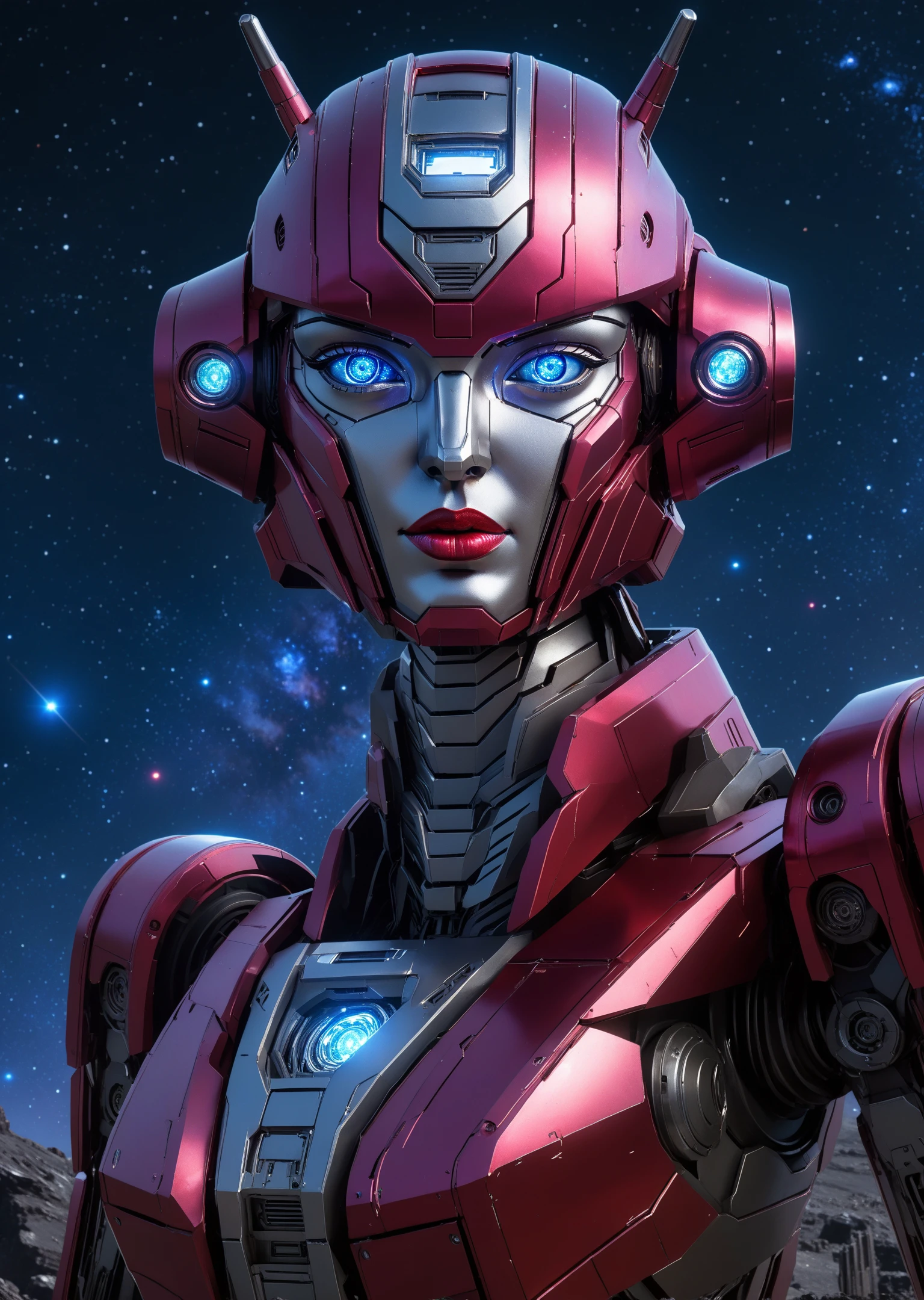 full_details,, Elita One, 1girl, dark pink female shining metal robot, detailed metal face, blue eyes, red lips, smirk, looking at viewer, full-height view, seductive evocative pose, no human, asteroid surface, stars, comet, (2d:1.2), masterpiece retrostyle sci-fi, transformers, anime, digital painting, high quality, (intricate details:1.1), sharp focus<lora:lora\Add_more_details_V2_XLpony.safetensors:0.8:0.8><lora:lora\EnvyScifiStreamlineXL01.safetensors:0.8:0.8><lora:lora\Elita_One_from_Transformers.safetensors:0.8:0.8>