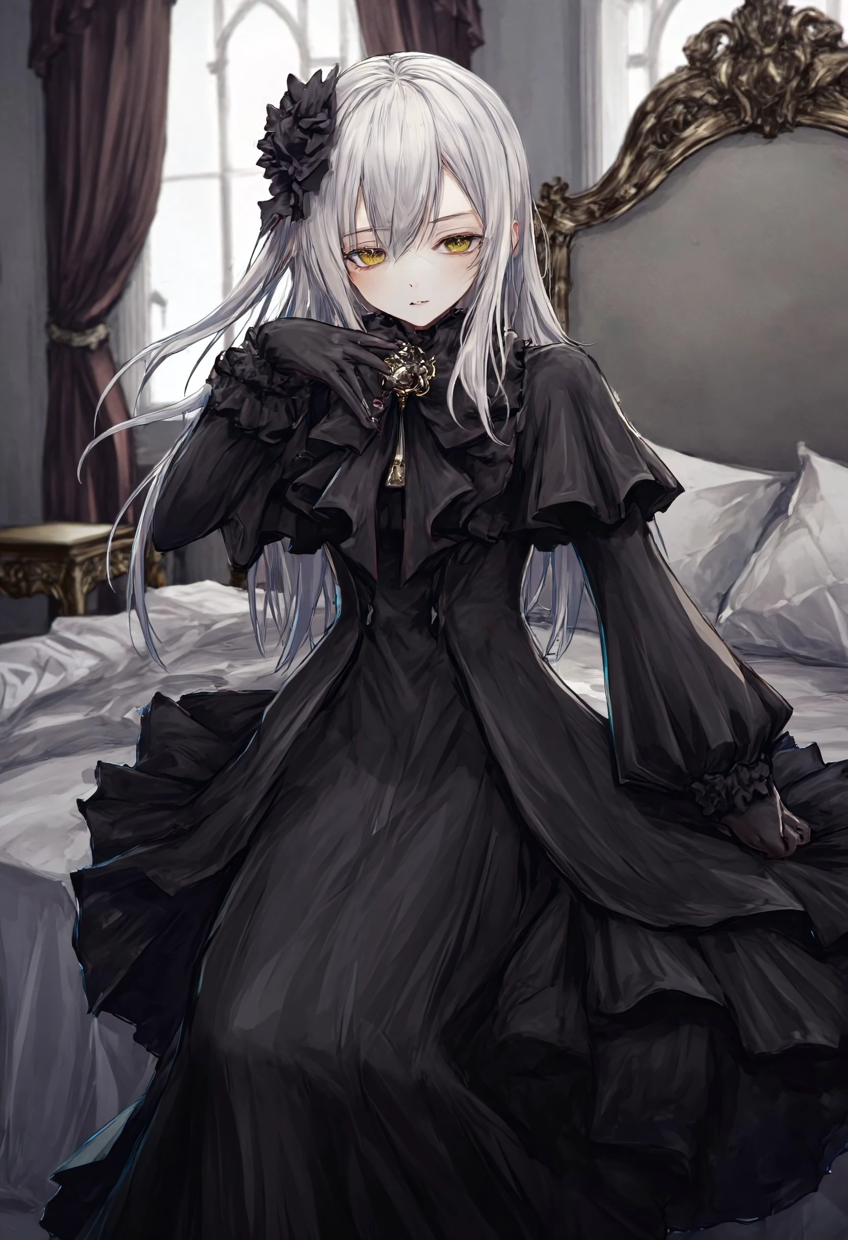 Digital image of close-up of a gothic-dressed mature woman in a long black dress with frills. Her eyes are yellow and hair is white. She is sitting on a bed in a luxury furnitured bedroom.