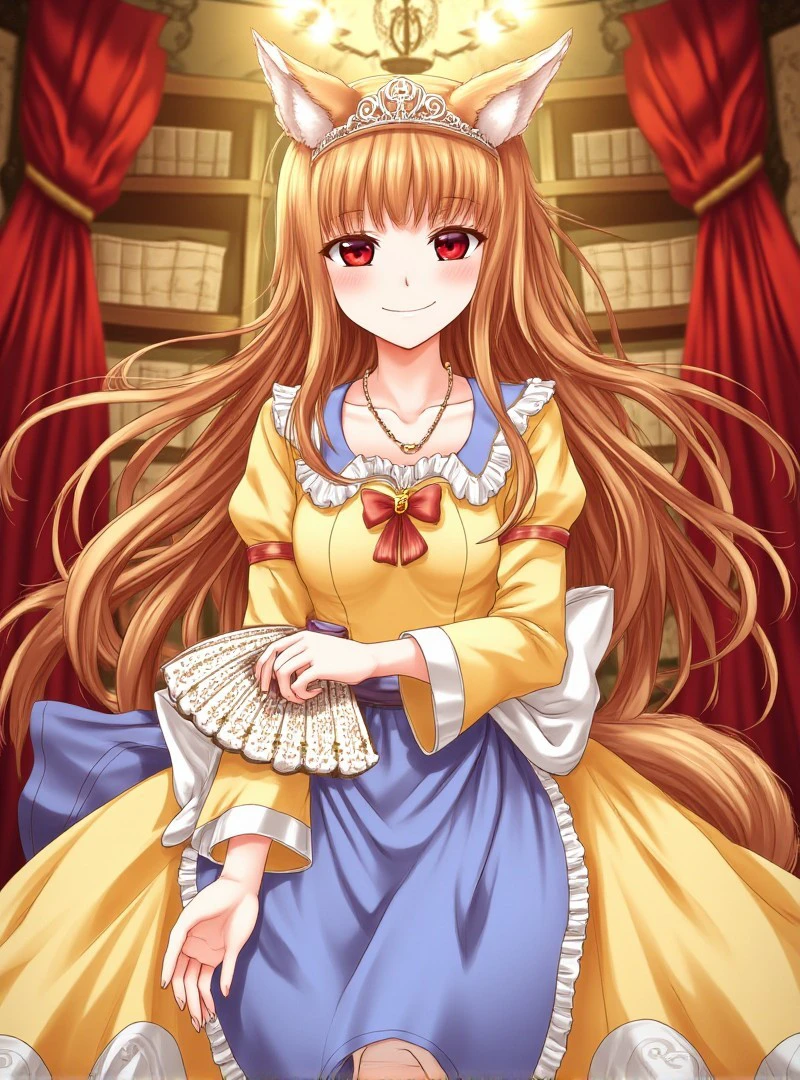 <lora:holo-the-wise-flux:0.95> Holo
Holo is portrayed in a stunning anime-style drawing, radiating elegance and charm as she stands in a luxurious room bathed in warm light. Her long, flowing brown hair frames her delicate face, cascading down her shoulders with a soft, natural wave. Her wolf-like ears, adorned with fluffy fur, add a touch of playful grace to her regal appearance. Her red eyes meet the viewer's gaze directly, their warm hue complementing the gentle smile that graces her lips.
She wears a beautiful yellow dress with a blue apron, detailed with frills and a bow that accentuates her poised demeanor. A tiara rests delicately atop her head, further emphasizing her noble aura, while a dainty necklace adorns her collarbone, adding a touch of refinement. In her hand, she holds a decorative fan, its intricate patterns matching the sophistication of her attire.
The background features an ornate room filled with red curtains and a richly stocked bookshelf, creating a luxurious and inviting atmosphere. The soft glow of the chandelier overhead enhances the warmth of the scene, casting light on the polished surfaces and plush fabrics that surround her. The composition centers Holo, her elegant attire and radiant expression drawing the viewer's attention.
This illustration masterfully blends Holo's playful charm with her regal elegance, capturing her in a moment of serene beauty. The intricate details in her clothing, accessories, and the opulent setting create a visually captivating piece that exudes sophistication and grace.