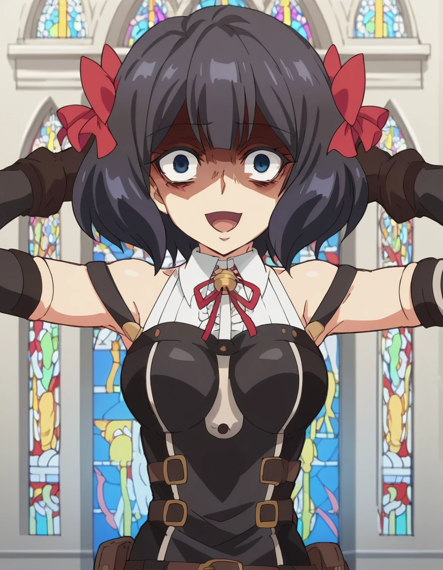 score_9, score_8_up, score_7_up, source_anime, <lora:tino-shade-s1-ponyxl-lora-nochekaiser:1>, tino shade, short hair, blue eyes, black hair, bow, hair bow, red bow, meduim breasts, anime screencap, gloves, elbow gloves, belt, fingerless gloves, shorts, black shorts, red ribbon, black dress, bare shoulders, detached collar,, bell tower, bells, height, church, ring, smile, <lora:shocked-black-guy-ponyxl-lora-nochekaiser:1> shocked black guy, open mouth, looking at viewer, hands behind head, shaded face,, looking at viewer, solo,, cowboy shot, solo