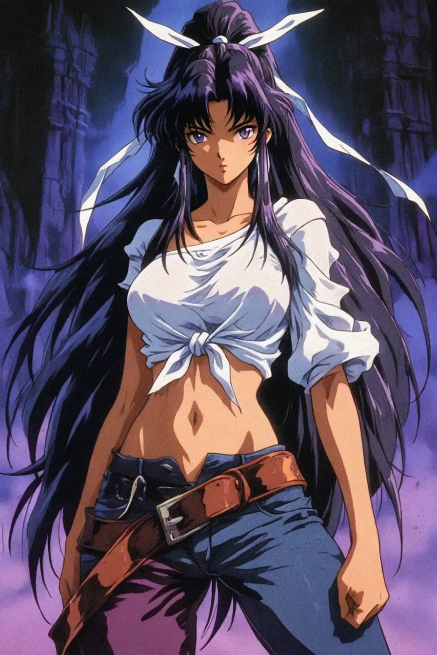 looking at the viewer, asymmetrical clothes, navel, purple eyes, very long hair, tied shirt, midriff, hair ribbon, single pantsleg, white shirt, ponytail, black hair, large breasts, jeans, white ribbon, brown belt, purple hair, asymmetrical legwear, 1girl, solo, alone, <lora:dark_fantasy_anime_illustriousXL:1>, dark_fantasy_style, dark fantasy, retro, grainy, masterpiece, highres