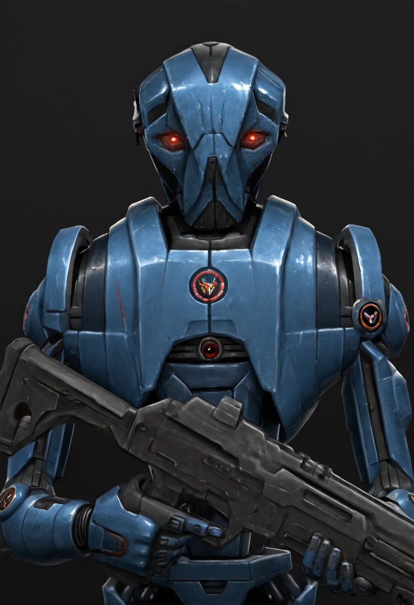 <lora:HK-Series_Assassin_Droid_Illustrious:1> Masterwork, HK4ss4s1n, star wars, robot, weapon, no humans, gun, solo, science fiction, blue armor, red eyes, black background, straight-on, glowing, holding gun, holding, holding weapon, realistic, upper body, rifle, glowing eyes