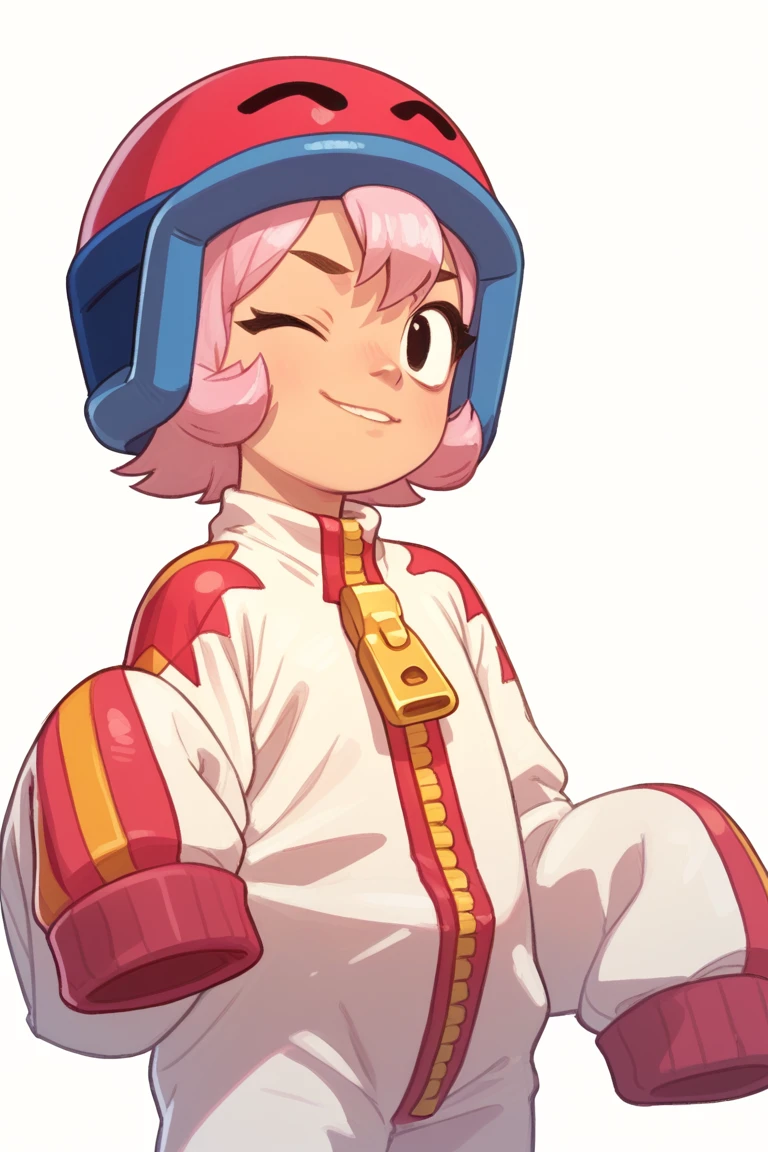 Score_9, Score_8_up, Score_7_up,bsbonnie ,  1girl, pink hair, short hair, black eyes solo , white bodysuit,  sleeves past wrists ,helmet ,red helmet , red cuff  , loose clothes ,zipper ,posmach  , wink