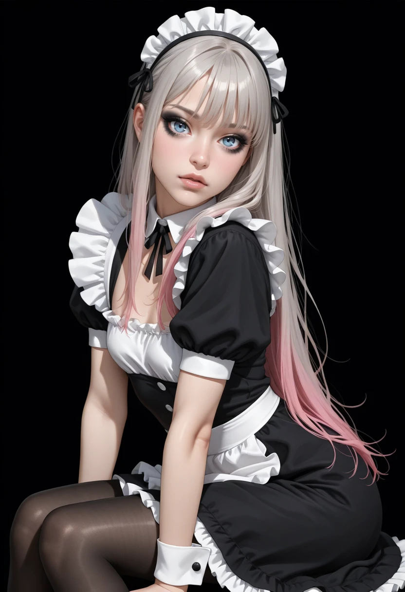 masterpiece, best quality, amazing quality, very aesthetic, detailed eyes, perfect eyes, realistic eyes,
gray hair, long hair, hair bangs, pink highlights, blue eyes, ((full lips)), (black eyeliner), (mascara),
slim body,
small ass,
medium breast,
(frills, short dress, black dress, frilled dress, puffy short sleeves, wrist cuffs, black pantyhose, maid dress),
sitting, leaning forward slightly, front view, looking at viewer,
black background,