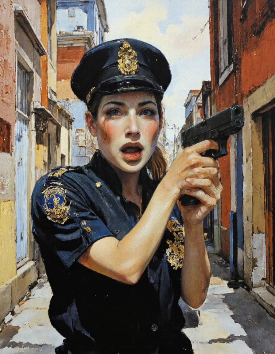 painting in gustavklimt style of
high fashion painting of ClaireForlani woman, angry face, yelling, in an alleyway, wearing police uniform, holding G17Model Glock Pistol with both hands, aiming pistol at viewer, golden swirls, gold details, patchwork background, upper body,
simple background, by gustav klimt,
extremely detailed,