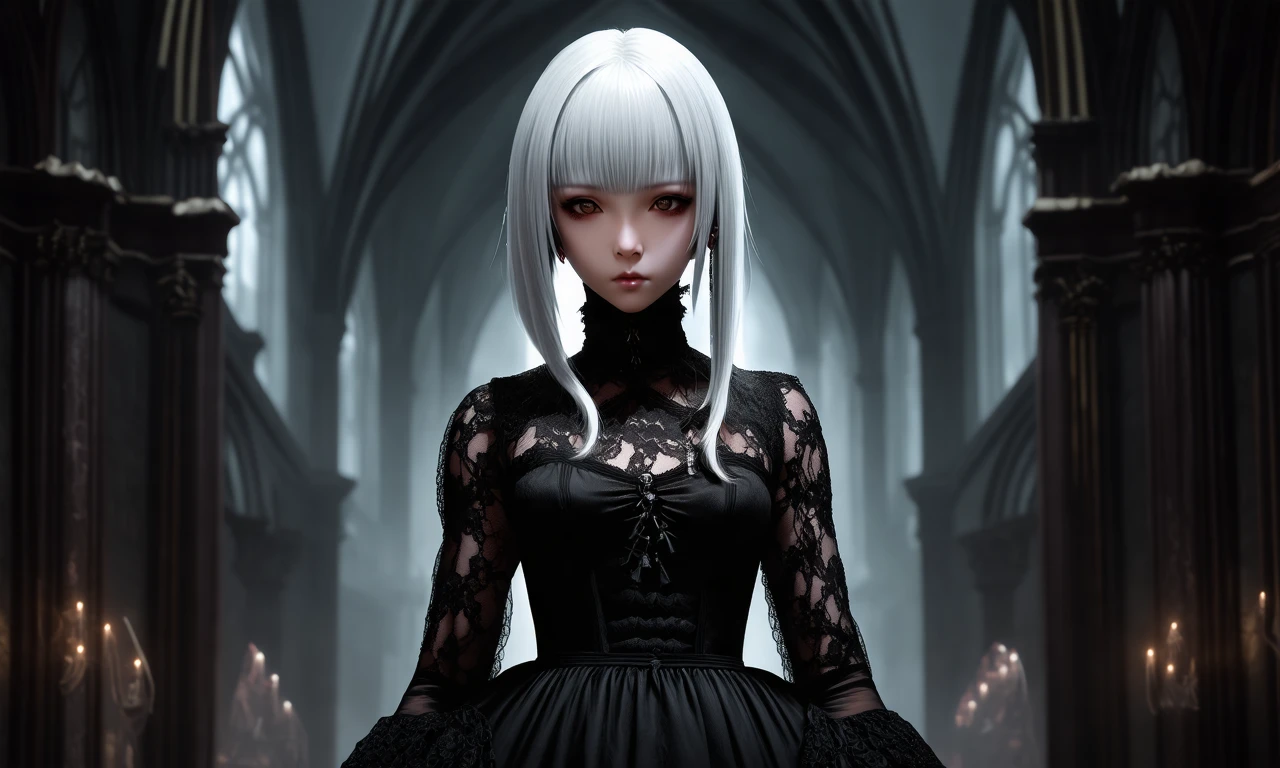 moody dark art of nier 2B+ wearing a goth lace dress in a dark church, ghost in the shell style