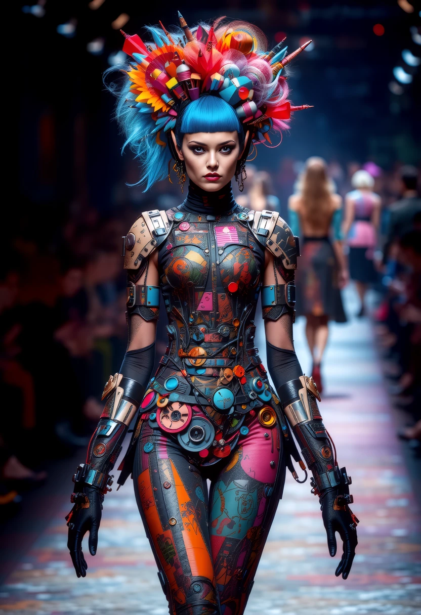 A vibrant runway showcases avantgardepunk fashion, where models strut with bold, colorful hairstyles and makeup, their faces adorned with intricate mechanical_arms and cybernetic implants. The clothing, a fusion of punk and futuristic styles, features distorted proportions and abstract shapes, leaving the audience captivated by the unique blend of art and technology.  <lora:art and styles/MysticFantasy.safetensors:1.0>,  <lora:wlop:0.8>,wlop, <lora:flux_trainer/fluxPunk_v11>