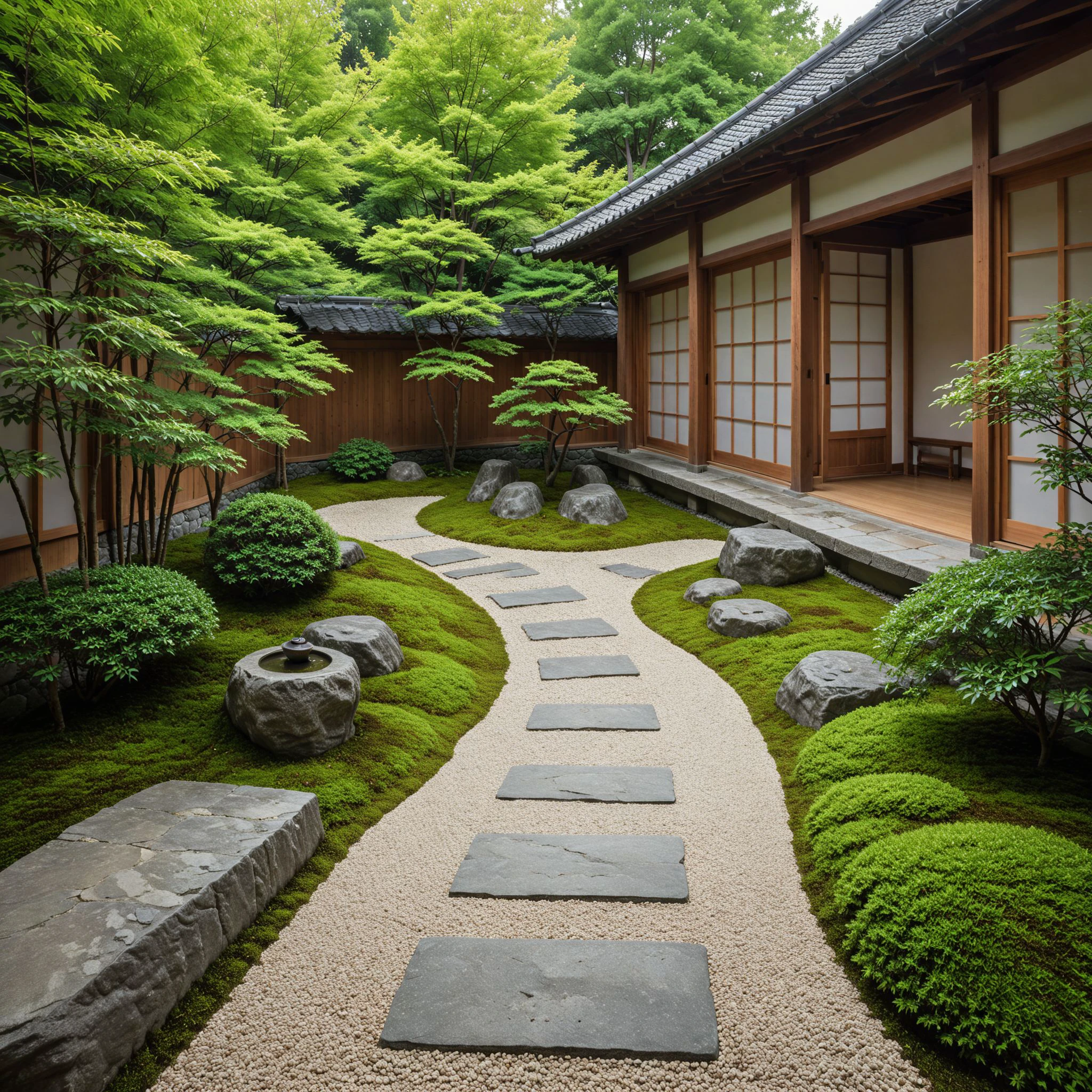 cinematic film still Extremely Fine,Best Quality,Masterpiece,High Resolution,Realistic,Best Lighting,Photorealistic,Photo Texture,Photography,This Zen-inspired Japanese garden design portrays a tranquil outdoor setting that harmonizes nature and East Asian architecture. The garden centers around a traditional wooden building with curved,sloping roofs,characteristic of Japanese architecture. The structure is adorned with simple yet elegant details,such as wooden beams and paper lanterns hanging from the eaves,which softly illuminate the space.,In the foreground,a stone-paved road meanders through the garden,flanked by lush patches of neatly trimmed grass and serene moss-covered ground. A towering,ancient tree stands gracefully at the edge of the garden,its branches providing gentle shade and creating a peaceful atmosphere. Small stone lanterns are placed strategically along the pathway,adding a timeless element to the design.,The natural scenery blends seamlessly with the built environment,with carefully placed rocks and minimalist wooden structures enhancing the garden's Zen aesthetic. Soft light filters through the leaves,casting delicate shadows on the ground,while the distant building stands as a quiet retreat,embodying balance and simplicity. The entire scene feels like a real-world location brought to life through traditional media,exuding calm and contemplation,<lora:Missa_现代别墅庭院景观_V2.0_Final:0.5>, . shallow depth of field, vignette, highly detailed, high budget, bokeh, cinemascope, moody, epic, gorgeous, film grain, grainy