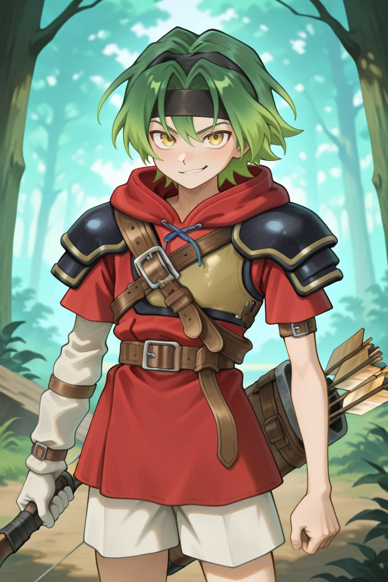 <lora:MizerIL:0.8>, MzeDef, MzeAlt, 1boy, short hair, green hair, gradient hair, yellow eyes, headband, black headband, shoulder pads, black shoulder pads, red hood, hood down, red shirt, shoulder belt, buckle, muneate, brown muneate, arm warmers, white arm warmers, asymmetrical clothes, arm strap, white shorts, shorts under skirt, microskirt, red skirt, gloves, single glove, boots, quiver, arrow (projectile), cowboy shot, holding bow, forest, exterior, trees, wooden fort, standing, smirk, looking at viewer, masterpiece, very aesthetic, absurdres, best quality, amazing quality, high resolution, newest, very awa, <lora:illustrious_quality_modifiers_masterpieces_v1:0.8> , <lora:ChamIllustriousBackgroundEnhancer:0.5>,  (solo),