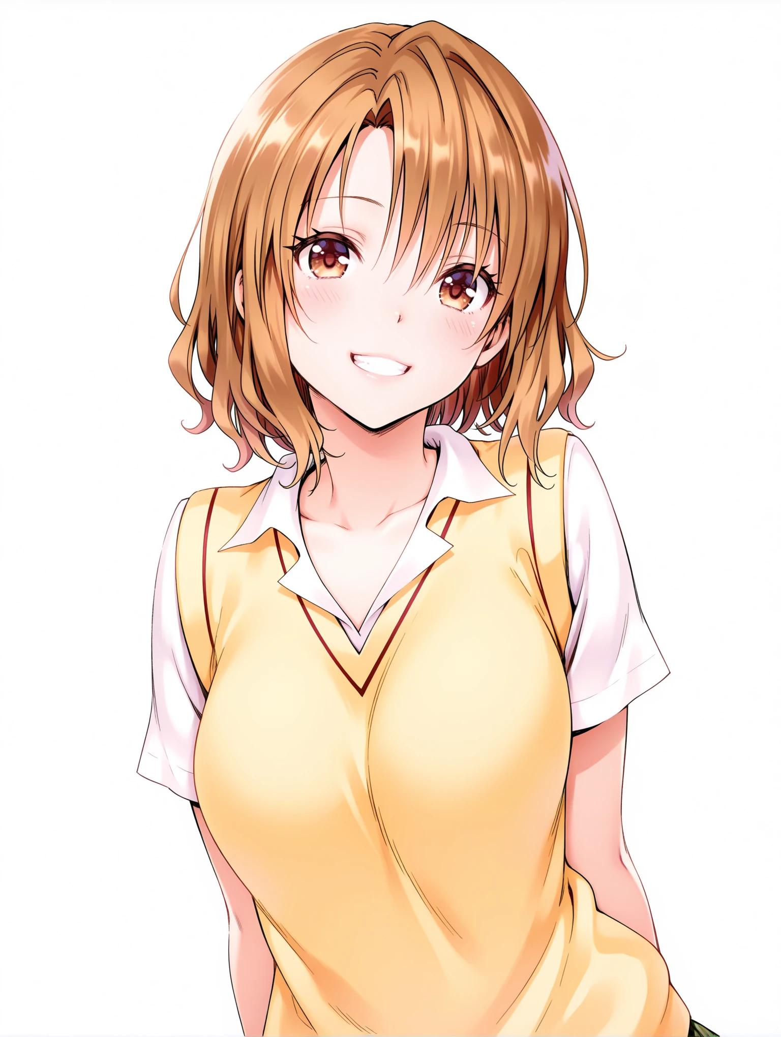 masterpiece,best quality,amazing quality,1girl,solo,
<lora:risa_ilxl_v1:1>,momioka,brown hair,brown eyes,
m_clothes,short sleeve blouse,school uniform,sweater vest,<lora:Fixhands_anime_bdsqlsz_V1:1>,
looking_at_viewer,
light_blush,cinematic_angle,looking_at_viewer,full body,white_background,simple_background,upper_body,face_focus,portrait,grin,smile,