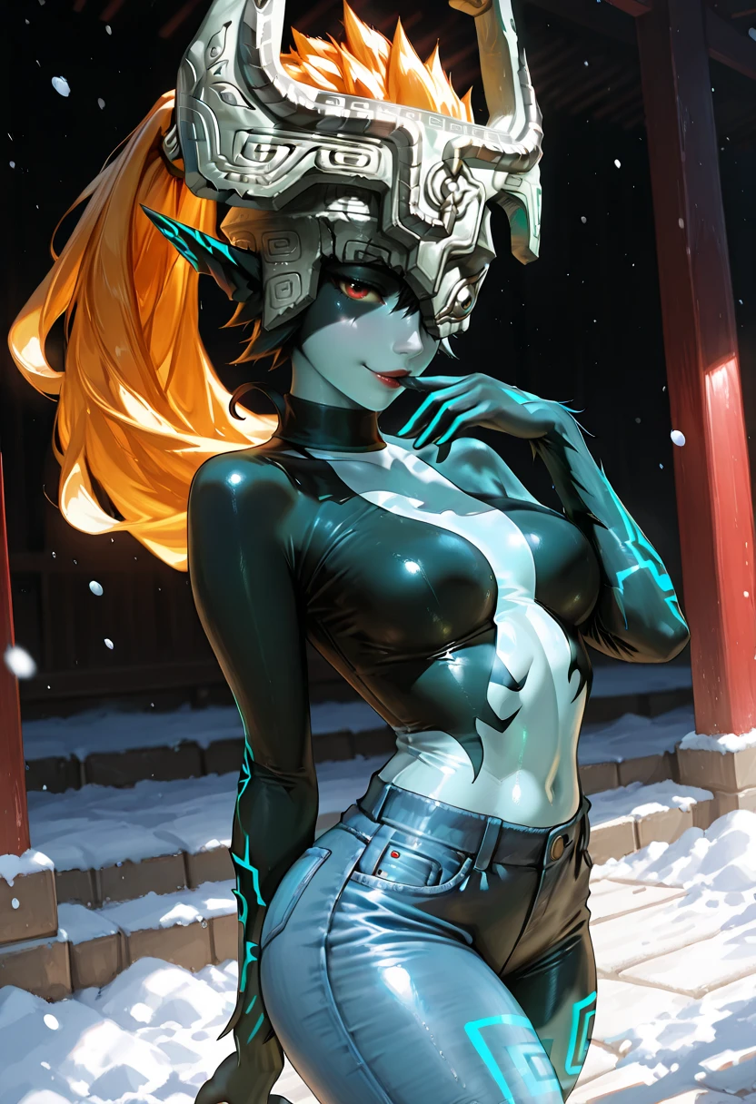 (masterpiece:1.4),(best qualit:1.4),(high resolution:1.4),smile,snow,outside,castle,village,night,santa hat,closed mouth,bikini,thighhighs,gloves,helmet,red eyes,yellow sclera,orange hair,ponytail,two tone skin,<lora:TFM_MidnaV2:0.6>,tfm_midna,santa hat,santa bikini,one eye covered,