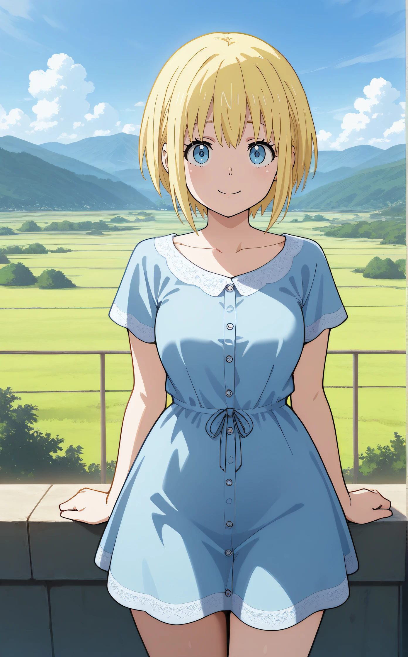Sword Art Online Alicization Eugeo Short-sleeved shirt and trousers Super big breasts breast enlargement Blonde short hair and green eyes standing alone in the grassland full-body shot looking into the camera full-body shot perfect illustration, ultra-detailed, HDR, vibrant colors, soft lighting official art