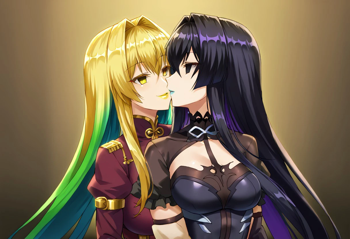 anime, two females, empty eyes, hypnotized, sexy smile, expressionless, blank expression, lipstick, glossy lips, eye shadow, red lipstick, yellow lipstick, green lipstick, blue lipstick, purple lipstick, black lipstick, long hair, colorful hair, kiss, arched back, sex from behind