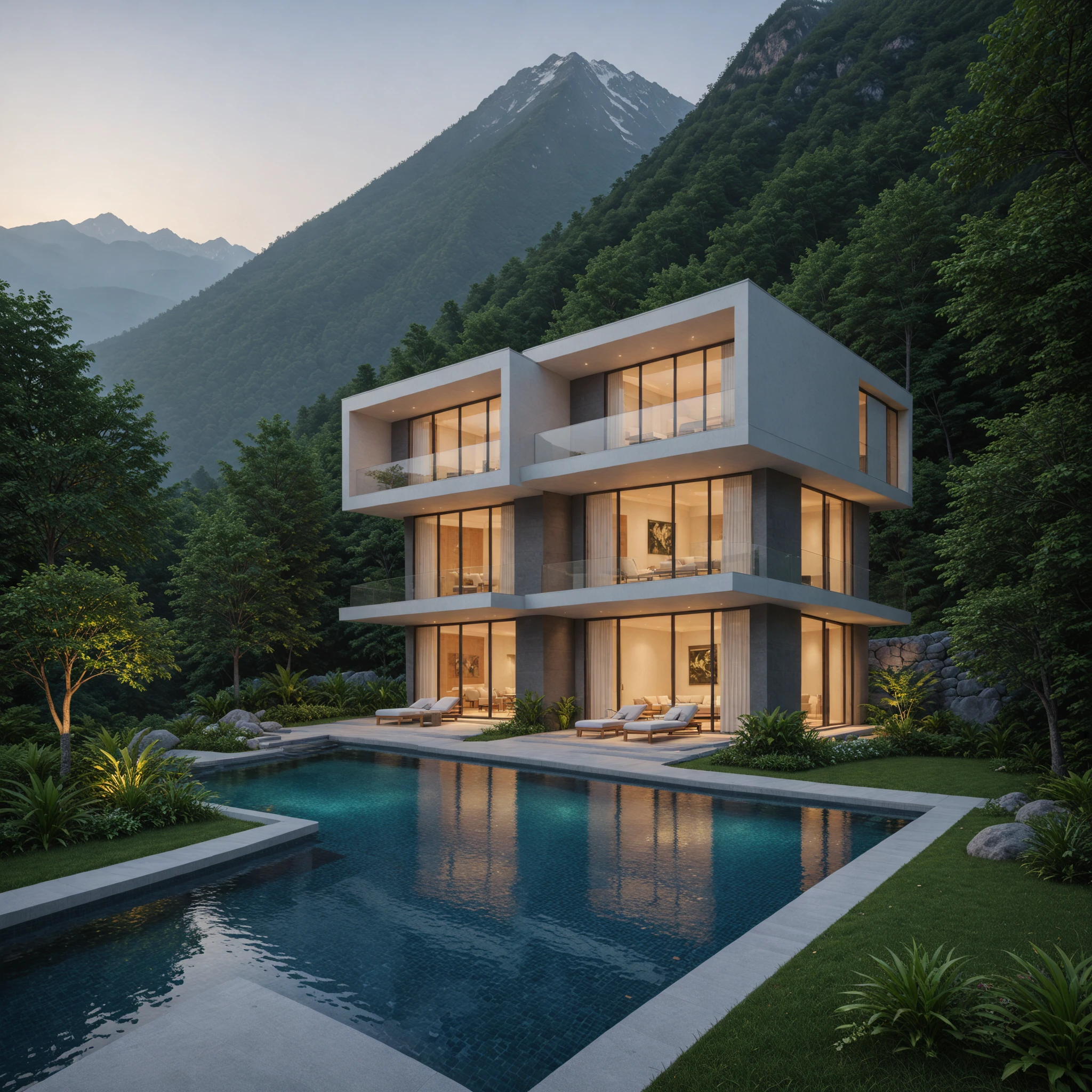 cinematic film still Create a stunning image of a modern home with floor-to-ceiling glass walls,set against a dramatic mountainous backdrop. The home features an infinity pool that blends seamlessly with a serene lake,enhancing the illusion of continuous water. Include lush greenery around the architecture,contributing to the natural aesthetics. The scene is illuminated by the soft,diffuse light of a setting or rising sun,creating a tranquil and awe-inspiring atmosphere,<lora:Missa_ç°ä»£å«å¢åº­é¢æ¯è§_V2.0_Final:0.5>, . shallow depth of field, vignette, highly detailed, high budget, bokeh, cinemascope, moody, epic, gorgeous, film grain, grainy