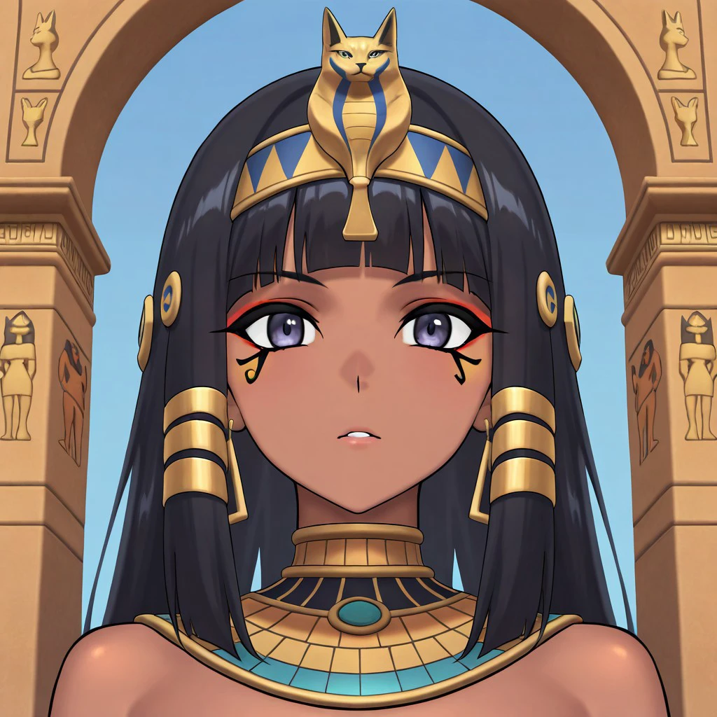 masterpiece, best quality, newest, absurdres, highres,  anime, aninme, anime style, egyptmakeupv2, makeup, eyliner, paintedtoplid, 1girl, egyptian, egyptian female, dark skin, dark-skinned female, black hair, ancient egyptian