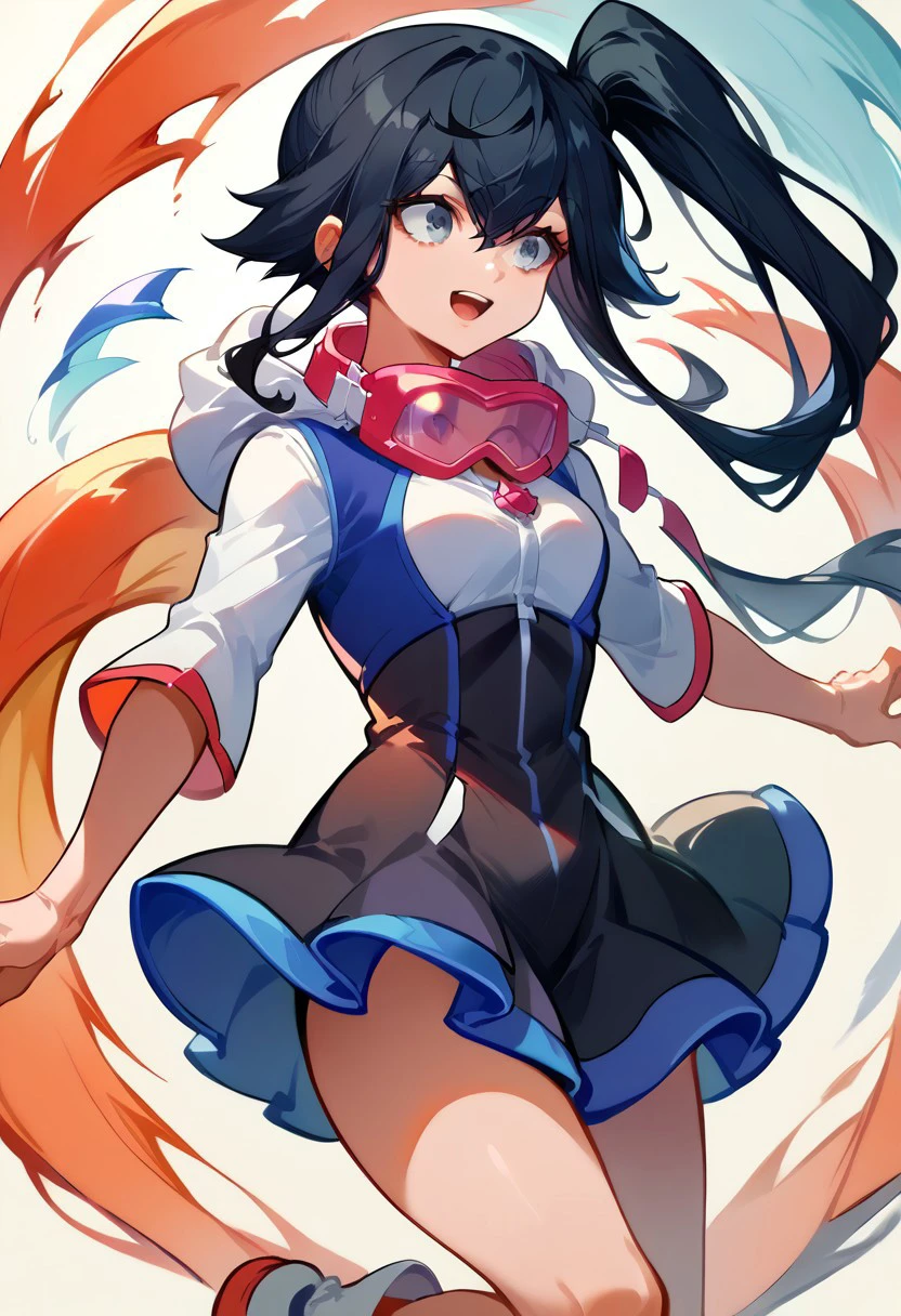 score_9, score_8_up, score_7_up, source_anime, shiki_dwno, long black hair, multicolored hair, side ponytail, gray eyes, hood, dress, goggles around neck,jumping, ecstatic , dynamic shot, high quality, cowboy shot, freebos_smoothiestyle