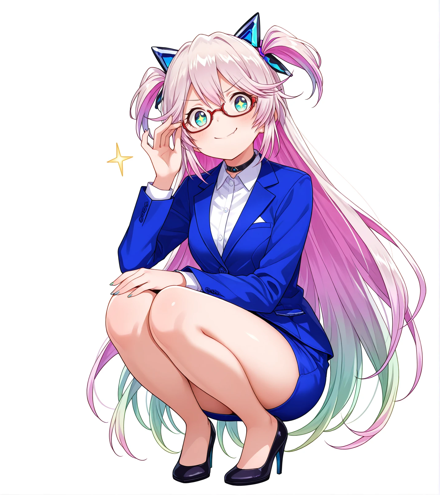 masterpiece, best quality  <lora:sheryl_shironeko_project:1> sheryl (shironeko project), sparkling eyes,pink hair,two side up,long hair,office lady, 
full body,doyagao,glasses,adjusting eyewear, smug,closed mouth,