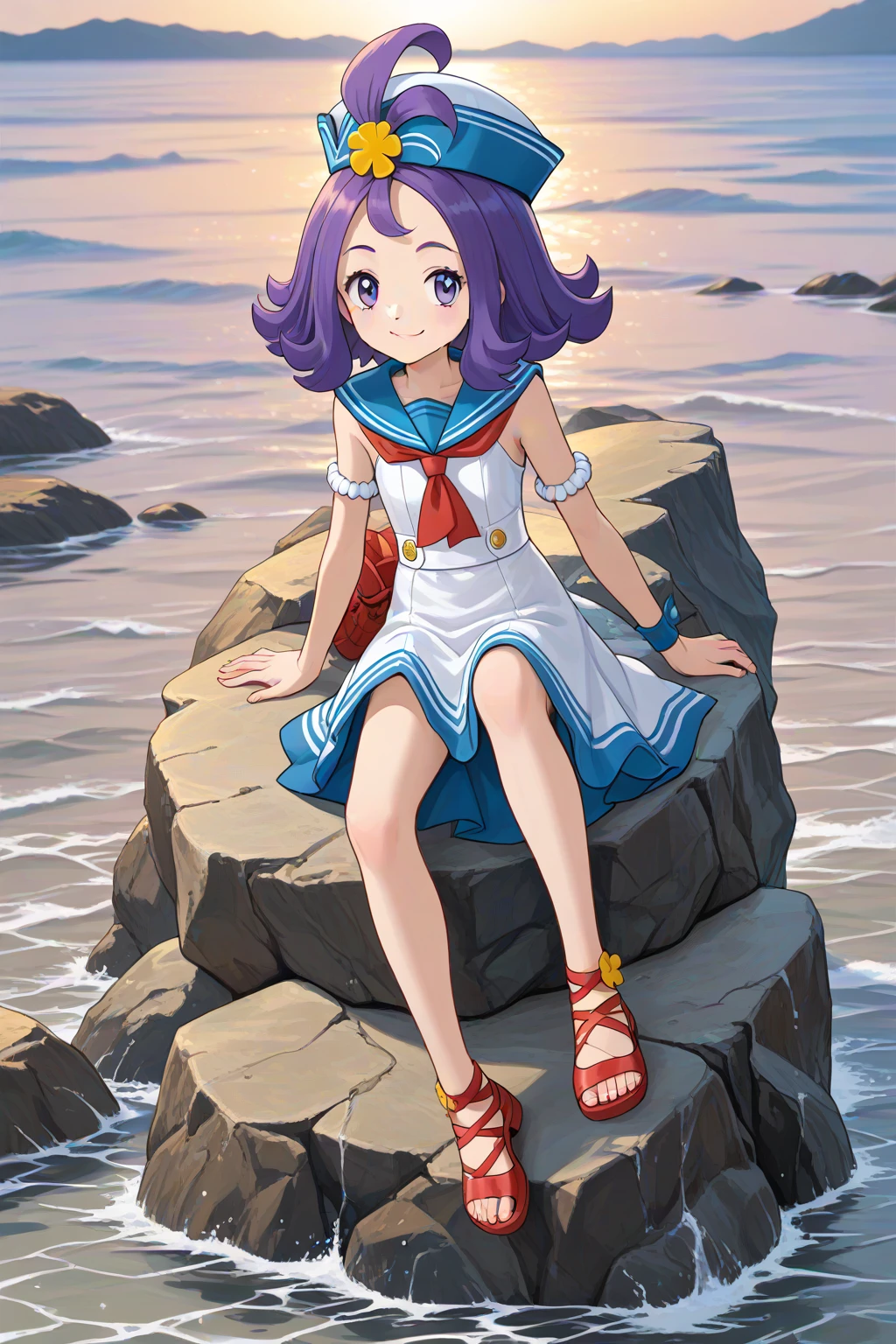 (1girl), solo, sitting, on rock, sea, feet_in_water, smile, sumacerola, [[acerola_\(pokemon\)]], medium_hair, purple_hair, purple_eyes, sailor_hat, white_hat, sleeveless_dress, white_dress, armlet, red_neckerchief, sailor_collar, shoes, red_footwear official_alternate_costume, , masterpiece,amazing quality, very aesthetic, high resolution ,ultra-detailed, absurdres, newest, source_anime, score_9, score_8_up, score_7_up