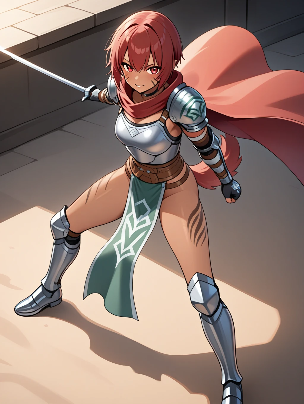 perfect quality,best quality,absolutely eye-catching,ambient occlusion,raytracing BREAK
1girl,<lora:fia IL v1:0.7>,fia,red eyes,red hair,short hair,dark-skinned female,tattoo,armor,shoulder armor,red cape,green pelvic curtain,dog tail,greaves,tiger stripes,facial tattoo,