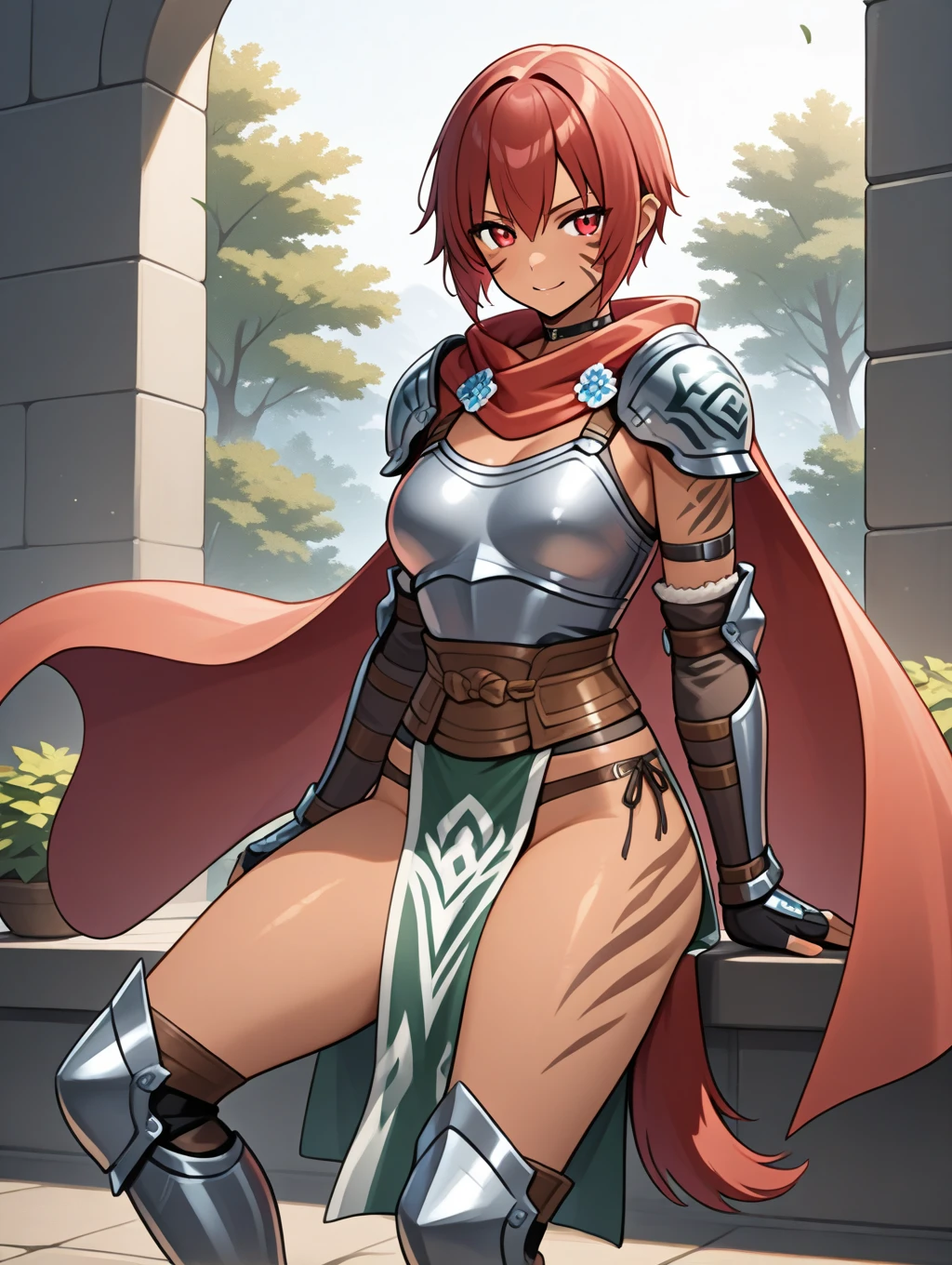 perfect quality,best quality,absolutely eye-catching,ambient occlusion,raytracing BREAK
1girl,<lora:fia IL v1:0.7>,fia,red eyes,red hair,short hair,dark-skinned female,tattoo,armor,shoulder armor,red cape,green pelvic curtain,dog tail,greaves,tiger stripes,facial tattoo,