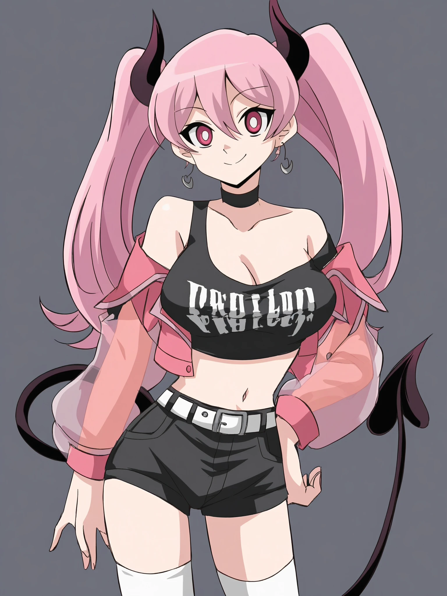 1girl, solo, breasts, tail, pink_hair, horns, demon_tail, shorts, jacket, twintails, large_breasts, smile, looking_at_viewer, long_hair, navel, choker, black_background, pink_eyes, short_shorts, belt, demon_girl, pink_jacket, demon_horns, simple_background, tank_top, open_jacket, cleavage, black_shorts, open_clothes, thighhighs, off_shoulder, bare_shoulders, closed_mouth, head_tilt, hair_between_eyes, cowboy_shot, jewelry, micro_shorts, collarbone, black_choker, white_thighhighs, crop_top, bangs, earrings, clothes_writing, shirt, midriff, standing, see-through, contrapposto, long_sleeves,
<lora:Yugioh_GX_Illustrious_SD8:1>