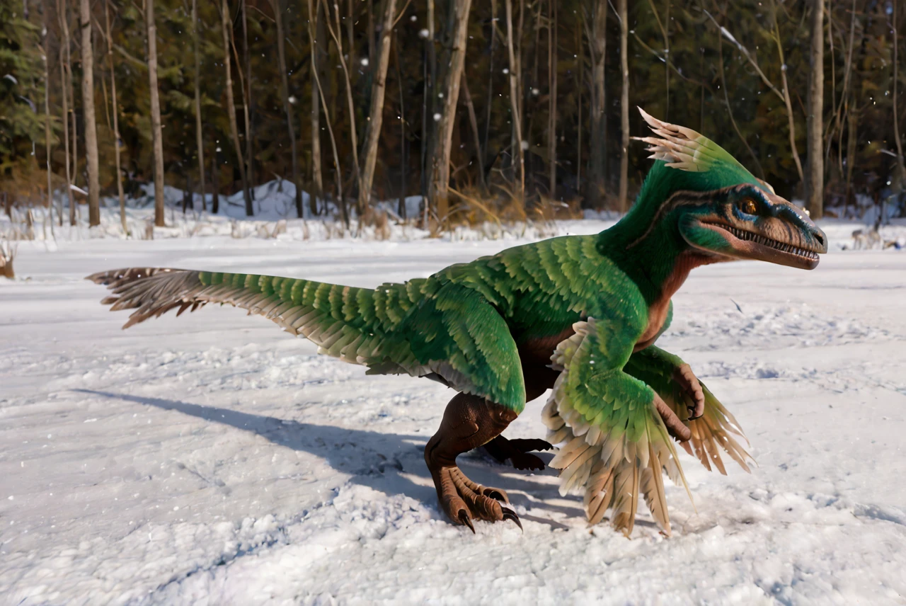 source_furry, score_9, score_8_up, score_7_up, (pyroraptor_jwe, dinosaur, feral), scalie, detailed scales, feathers, detailed feathers, green feathers, tan feathers, multicolored feathers, feathered arms, yellow eyes, slit pupils, detailed eyes, teeth, sharp teeth, claws, digitigrade legs, tail, <lora:JWE_PyroraptorPony:0.8>, outdoors, snow, forest, snowy, snowstorm, standing, walking, motion line, in motion, side view, zPDXL2, zPDXLpg, zPDXLrl, best quality, highly detailed, extreme details, masterpiece, photorealistic, hyperrealistic, ultra realistic, hdr, 4k, uhd, ray tracing, shaded