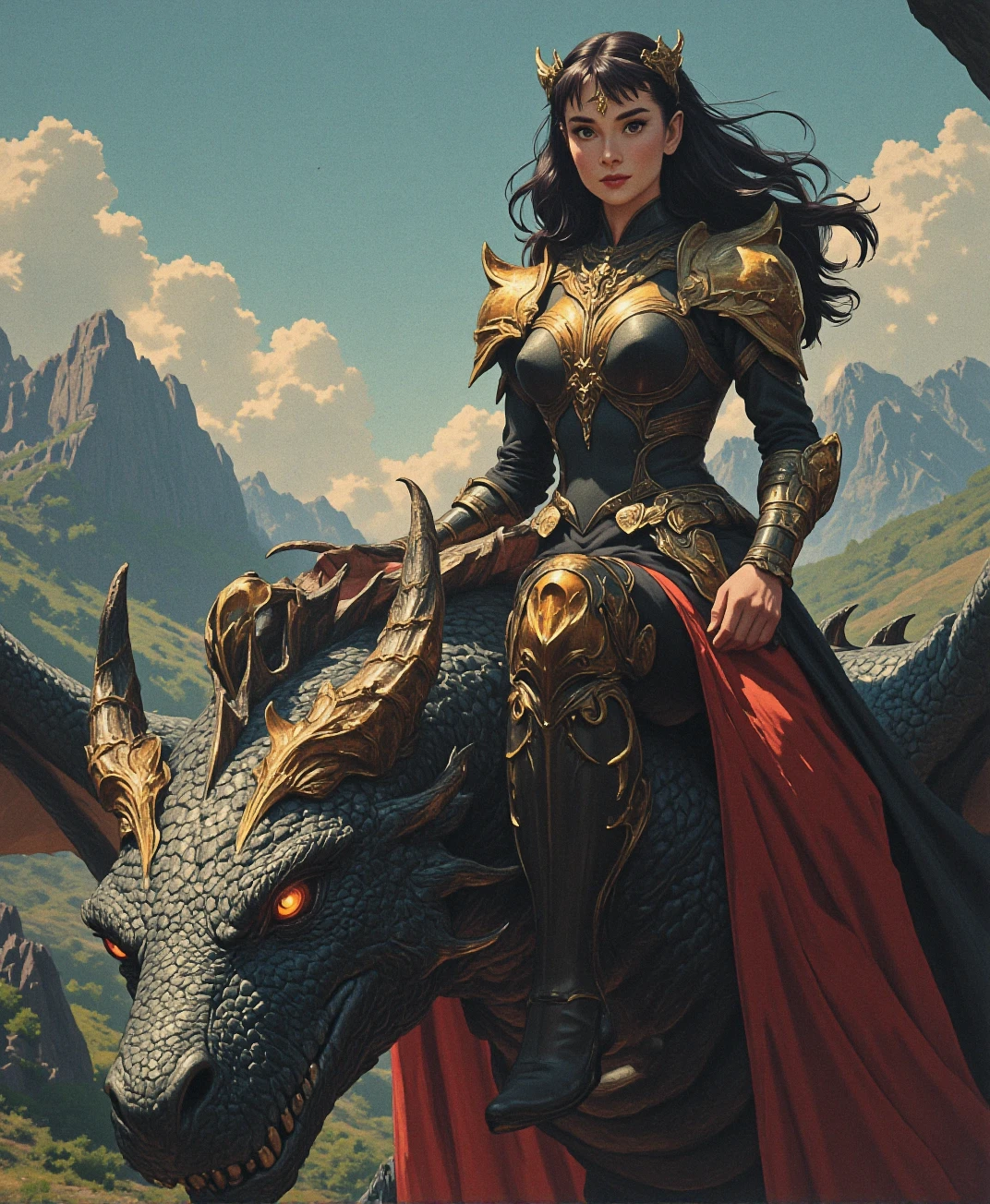 An analog photo of (sks woman:1), photo border, dark hair, in a fantasy world, Seated atop the scaled neck of a colossal dragon, she wears a battle gown of black and crimson with gleaming pauldrons shaped like dragon wings. Her hair streams behind her in the wind, and her golden crown is forged to resemble fiery flames. The dragonâs glowing eyes mirror her fierce and unyielding expression.