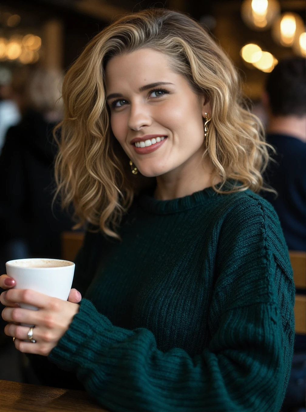A professional photograph of Cathleen_Raymond wearing a dark green cableknit sweater in a cafe, holding a latte, detailed skin, bokeh, female focus, SFW, smiling <lora:Cathleen_Raymond_aka_Gabrielle_Scream:1>