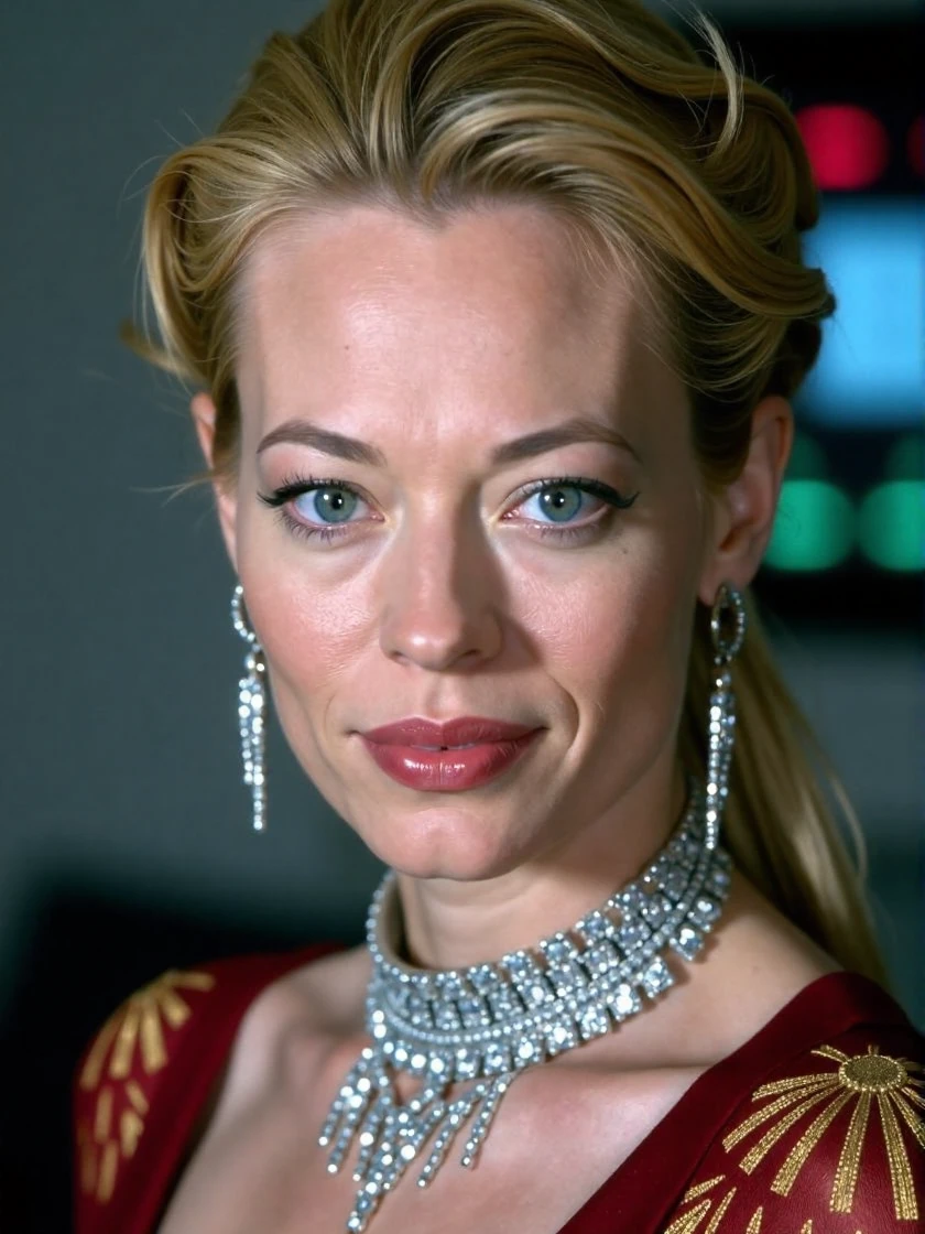 <lora:Jeri_Ryan_Ca2000:1> woman, as seven of nine from star trek, looking directly at the viewer, looking directly at the camera, making eye contact, looking straight ahead, blonde, modest clothes, modest apparel, chest covered, modesty <lora:zz_s_Chest_Size_Slider:-2>, red lips, long eyelashes, hair styled in curls, blush, eyeshadow and eyeliner, lots of extravagant silver and diamond jewelry.âââ