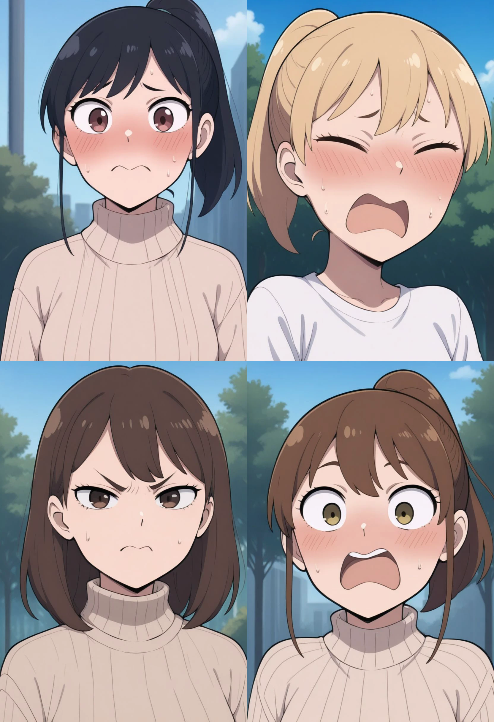 1girl, portrait, outdoors
{@blush, embarrassed, closed mouth, |
blush, embarrassed, open mouth, closed eyes|
closed mouth, annoyed |
blush, open mouth, surprised, }
{~black hair | brown hair, | blonde hair, | purple hair, }
{~medium hair | long hair | ponytail}
{~t-shirt | camisole | sweater}
<lora:m-mouth-il:1>