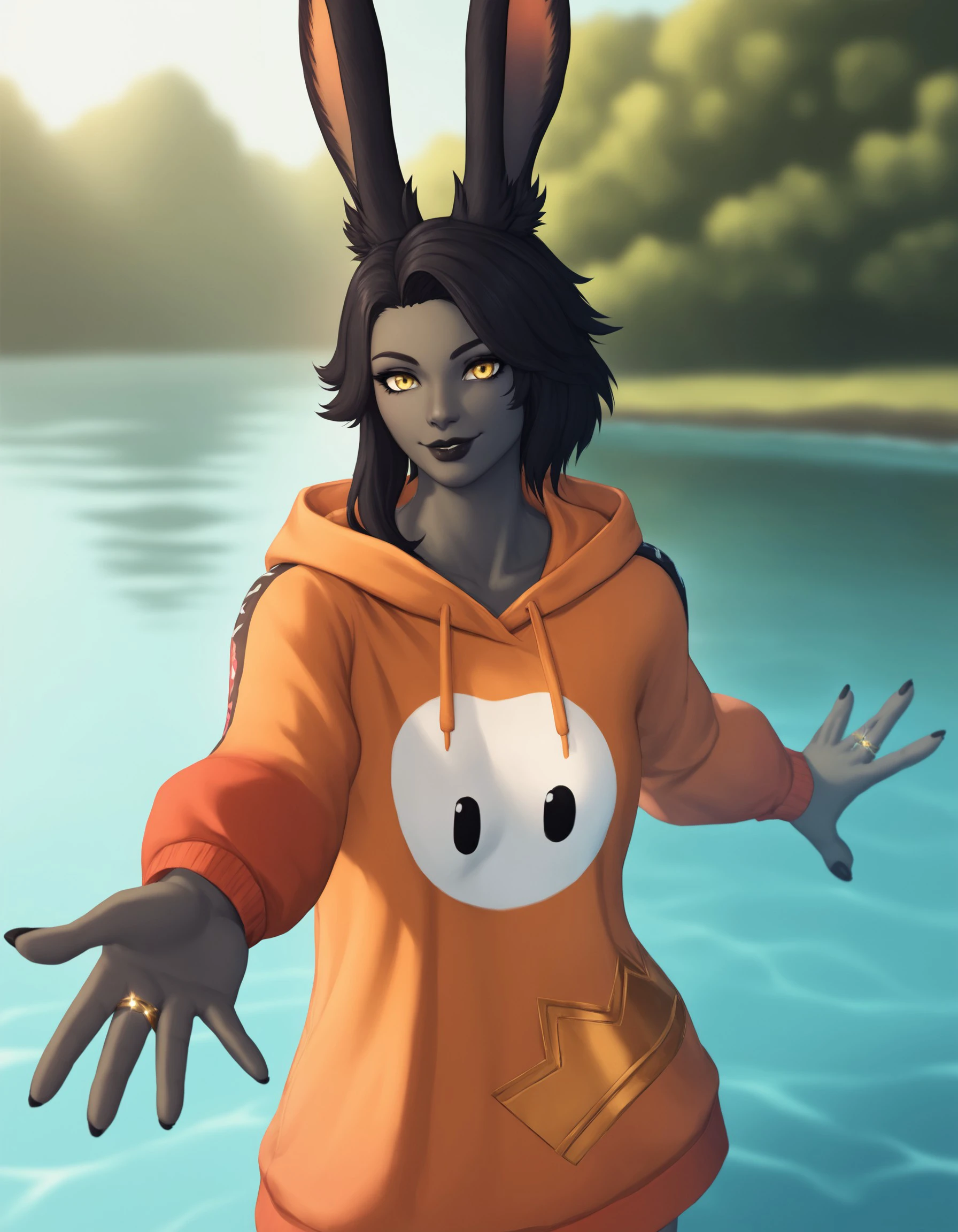 score_9, score_8_up, score_7_up, score_6_up, score_5_up, score_4_up, G3NTL3B34N, 1girl, black skin, very dark skin, dark skin, animal ears, rabbit ears, solo, black hair, viera, jewelry, dark-skinned female, yellow eyes, ring, looking at viewer, water, colored skin, hood, outstretched arm, hoodie, orange jacket, jacket, cowboy shot, blurry, outstretched hand, rabbit girl, lips, grey skin, smile, outdoors, <lora:6e105735-83ba-4f0e-9bf0-d07f116e51d9:0.7>