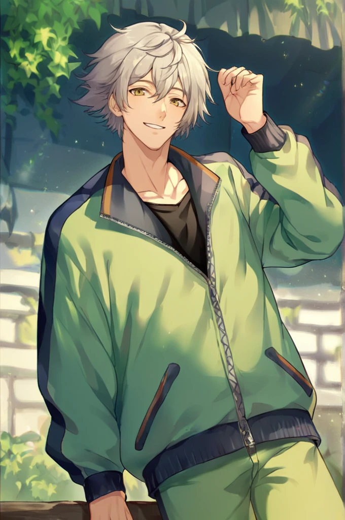 score_9,score_8_up,score_7_up,score_6_up,score_5_up,score_4_up,1boy,Seishi,grey hair,yellow eyes,black undershirt,collarbone,green jacket,partially unzipped,green pants,smile,<lora:Seishi_pony:1>,