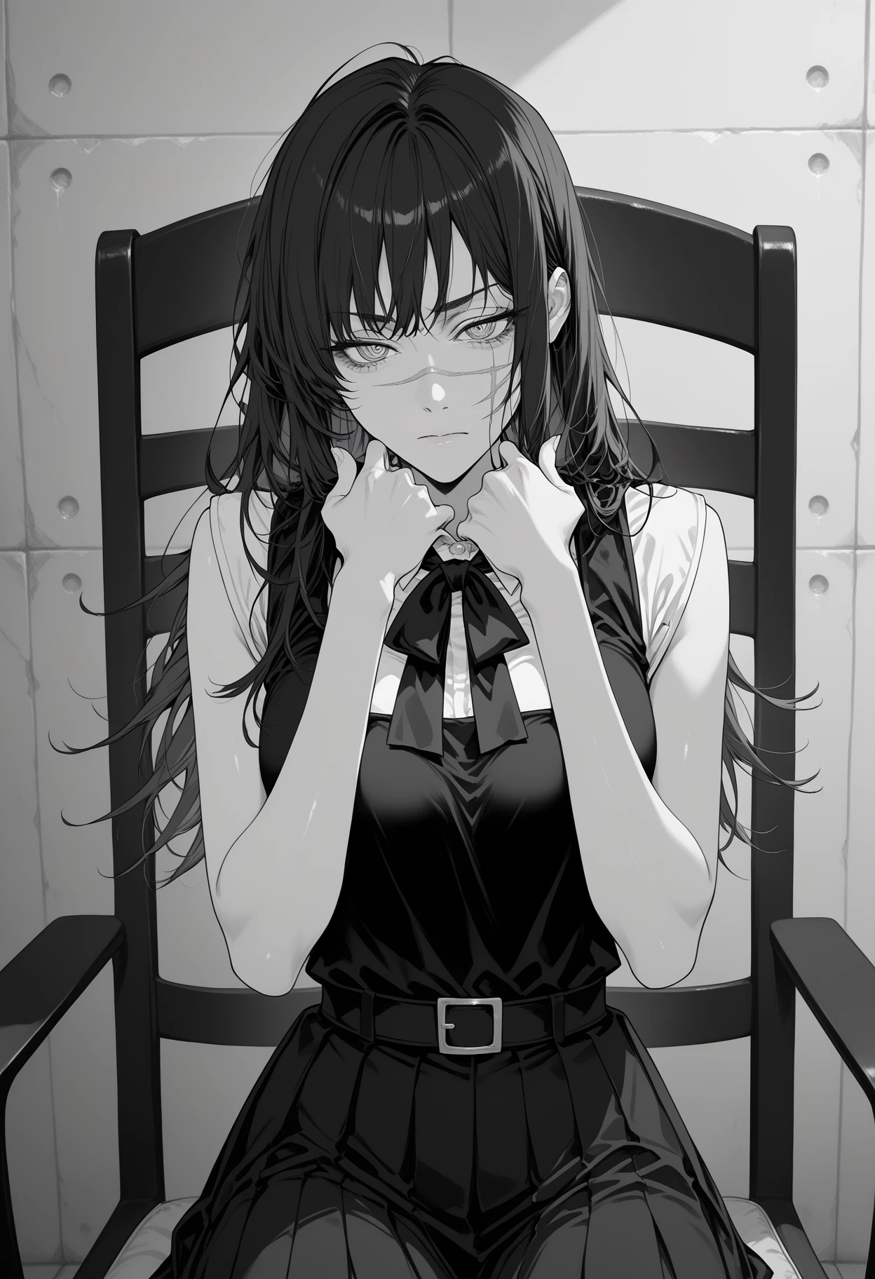 1girl, absolute cinema meme, chair, closed mouth, dress, facial scar, fourth east high school uniform, greyscale, hands up, long hair, meme, monochrome, pinafore dress, ringed eyes, scar, scar on cheek, scar on face, school uniform, sitting, sleeveless, sleeveless dress, solo, yoru chainsaw man, highres, matomo, 