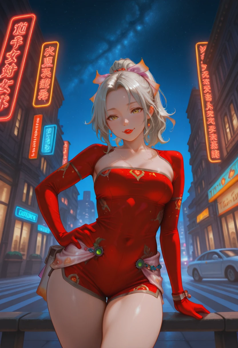 1girl, solo, (Terra: 1.3), (Thicc Thighs: 1.3), (Thicc Calves: 1.3), (Slightly Plump: 1.2), petite, Curvy, (Red Lipstick: 1.3), (Medium breasts: 1.3), (Standing, in a city street, hand on hip, contrapposto, on sides of the road at night under the starry sky surrounded by neon lights: 1.3), (From Front Angle: 1.7), Cowboy Shot: 1.3, looking at viewer, seductive expression: 1.3,  Dark Lighting, Lowkey Lighting, Dark Colors, highly detailed masterpiece, High_Resolution_Textures, (stunning design:1.2), (stunning concept design), Intricately_Detailed_design, Legendary_masterpiece, Realistic_texturing, ultra_soft_texturing, Complex_texturing, Insanely_Flawless_Details, Legendary_Details, Full_Color_scheme, Detailed_color_scheme, Complex_colors, Complex_details
<lora:Earthbound_-_Terra_Branford_Final_Fantasy_6_-_IllustriousXL:1>