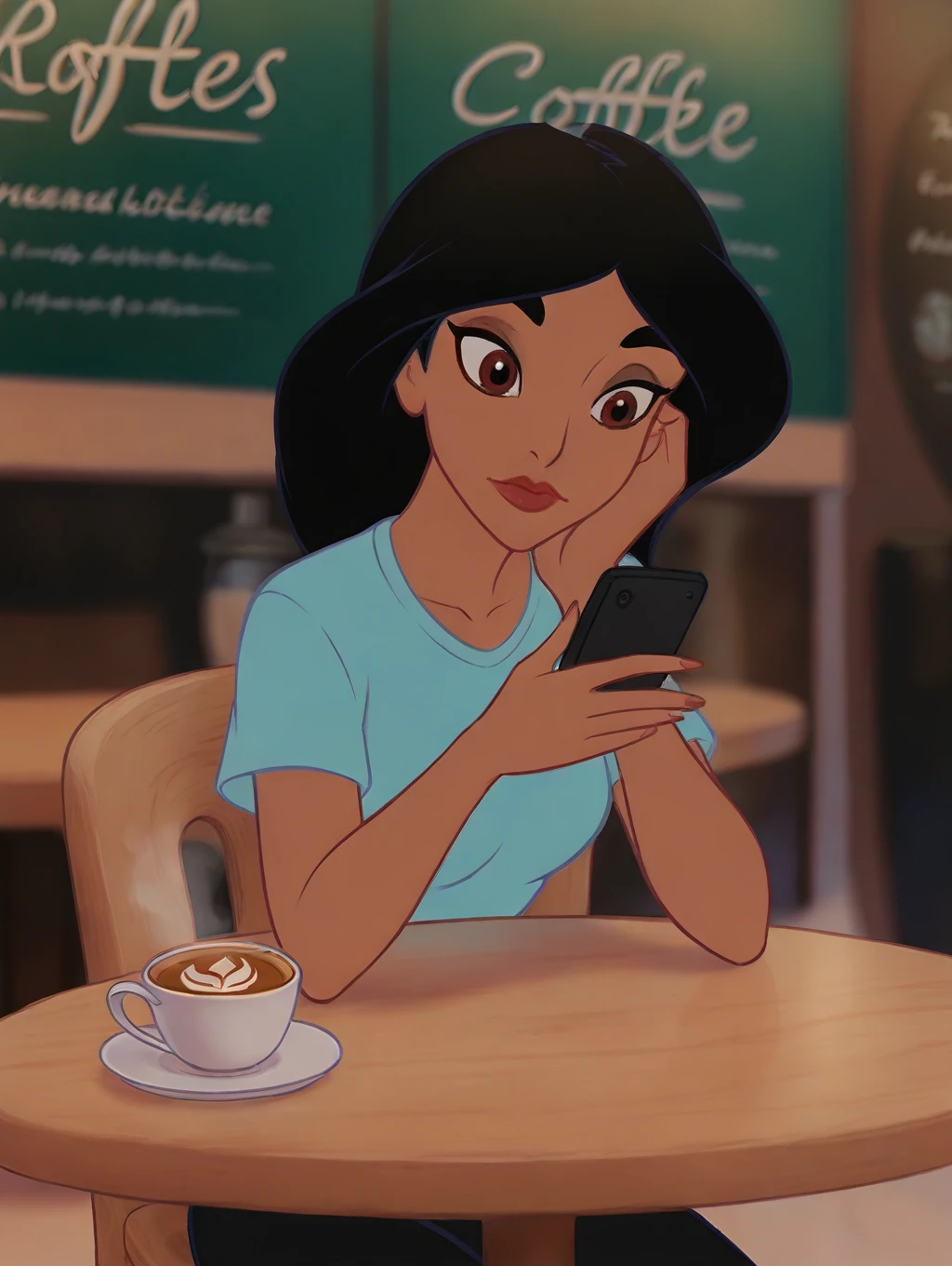 masterpiece, high quality, princess-jasmine, sitting at table, coffee shop, latte, looking at phone, loose hair, blue t-shirt, black yoga pants, bored expression <lora:wainsfw-princess-jasmine-200-64:1.2>